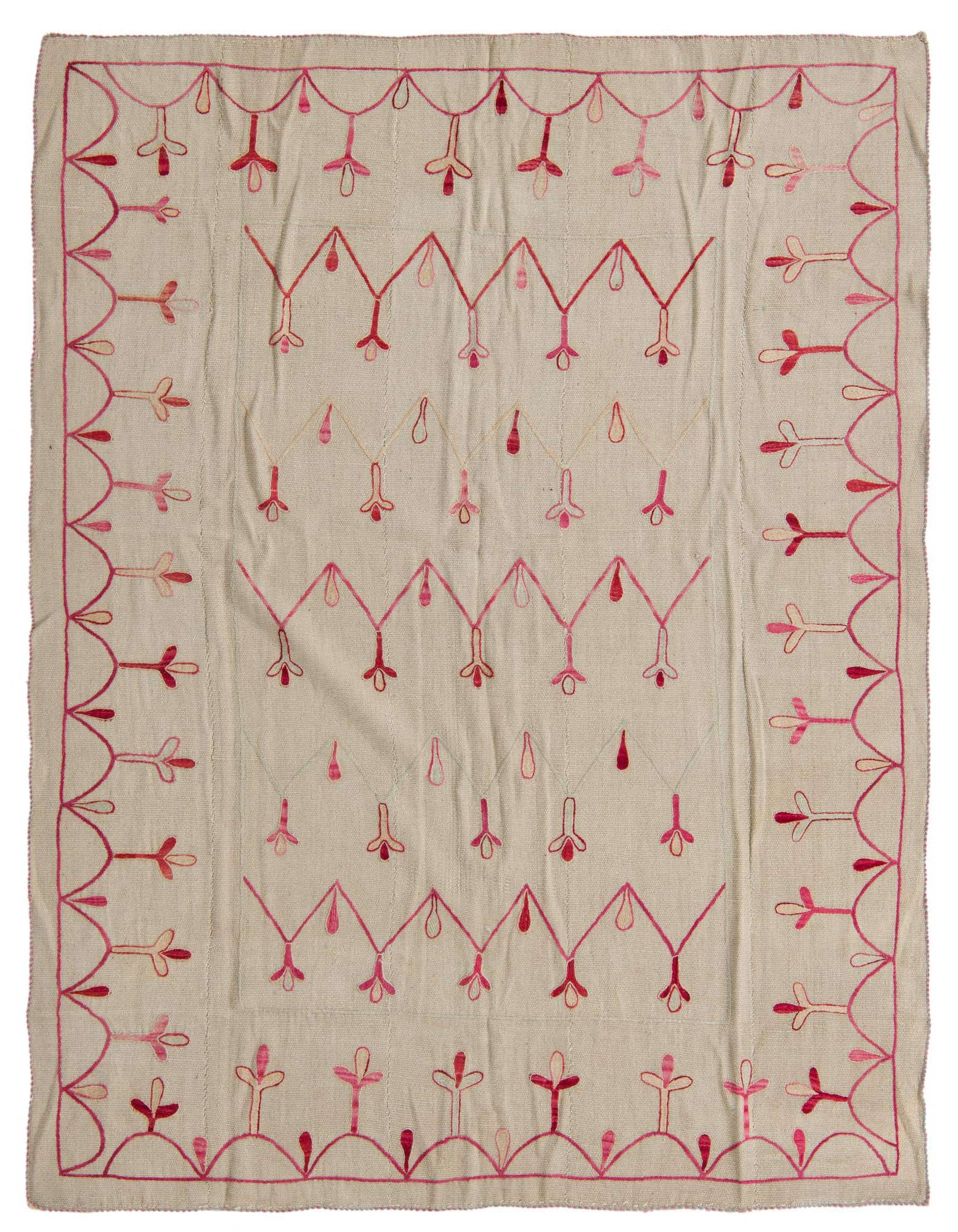 A 5x8 rectangular Kilim Suzani rug featuring a cream background with intricate tribal and floral patterns in shades of red and pink.