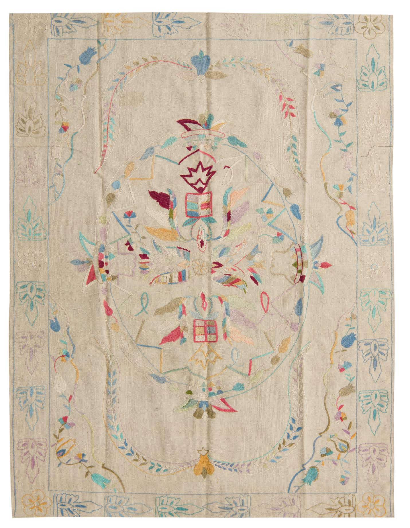 A 5x8 rectangular ivory Kilim Suzani wool rug with a vibrant, multicolored floral and tribal pattern, handmade flatweave.