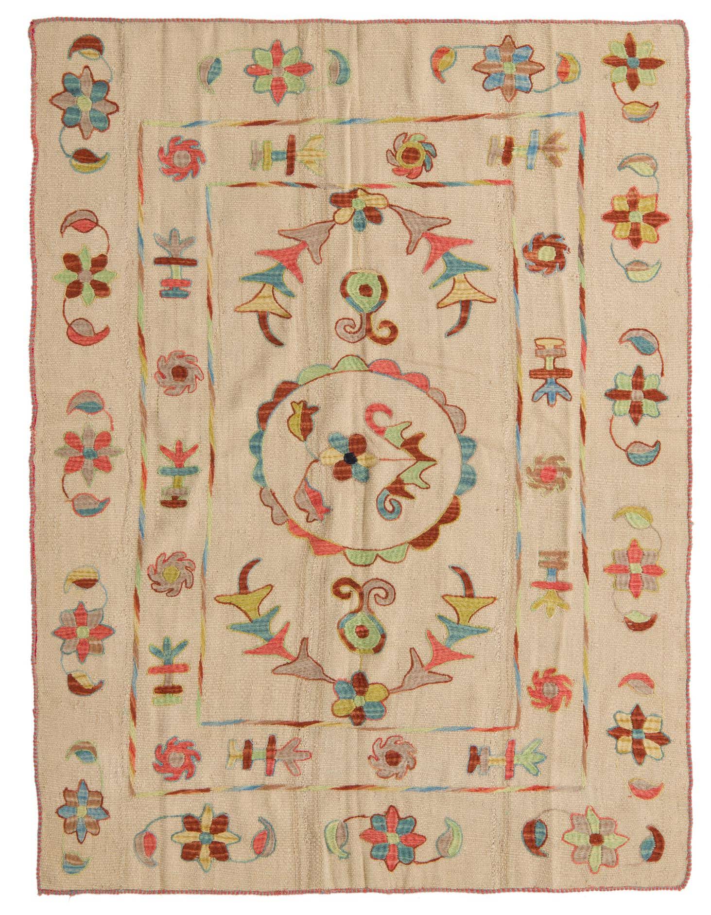 A 5x8 rectangular ivory Kilim Suzani rug with a colorful tribal floral pattern, featuring a central medallion and decorative borders.