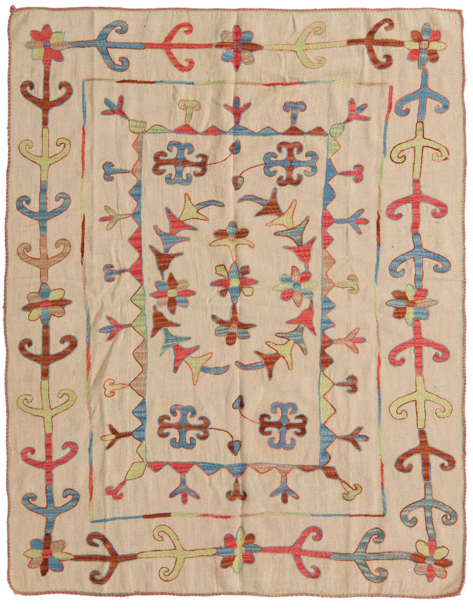 A 4x6 rectangular ivory flatweave rug with a colorful tribal Suzani pattern, ideal for a living room.