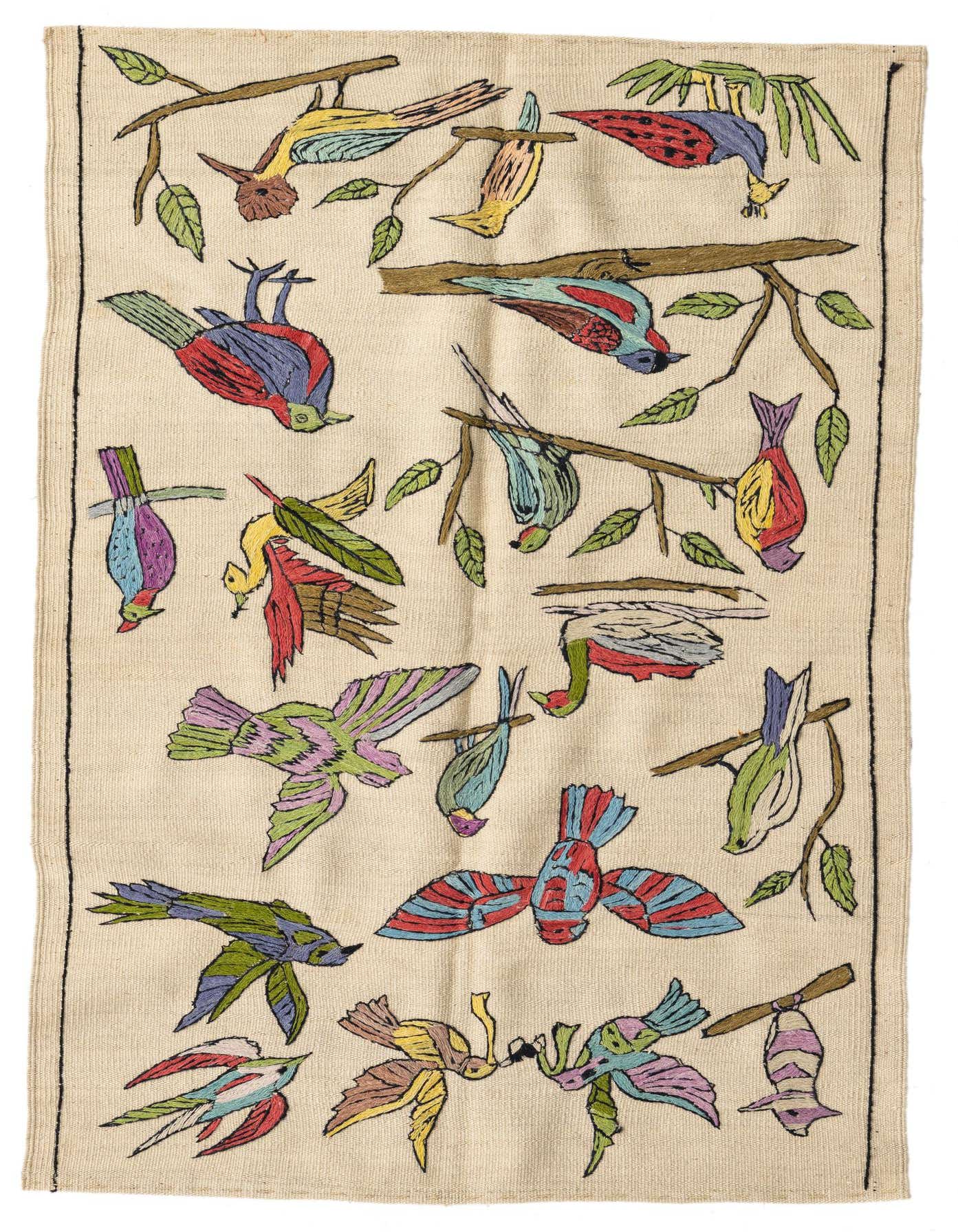 A 3x5 rectangular ivory flatweave rug featuring a vibrant, multicolored tribal bird and branch pattern.