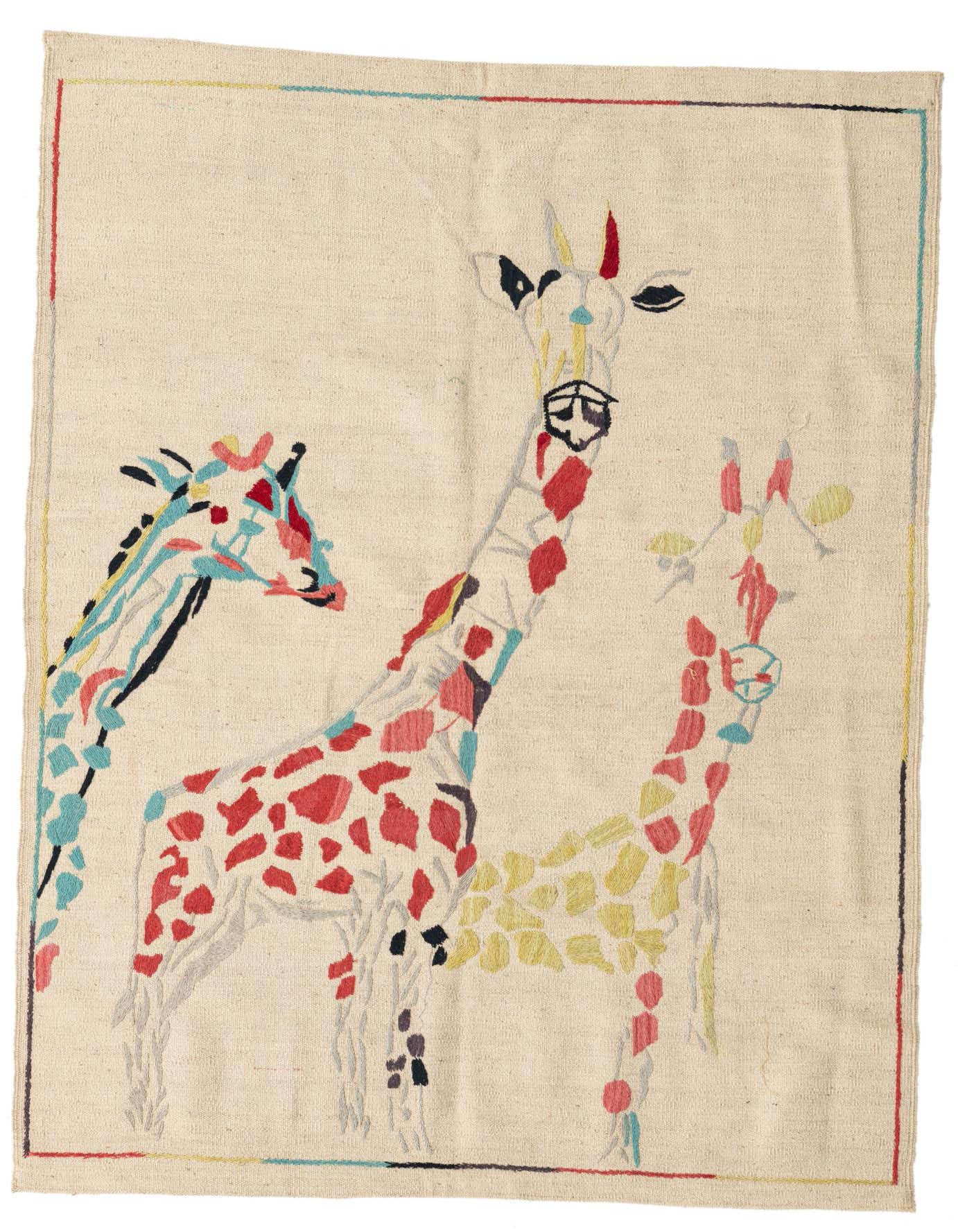 A 4x6 rectangular ivory flatweave rug with a colorful modern tribal pattern featuring three giraffes in red, yellow, and blue hues.