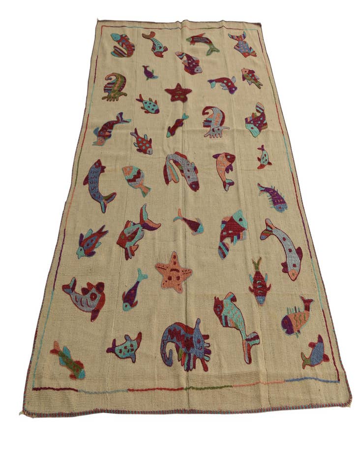 Detail image of  4' 7 x 7'  Hand Woven Kilim Suzani Wool Rug