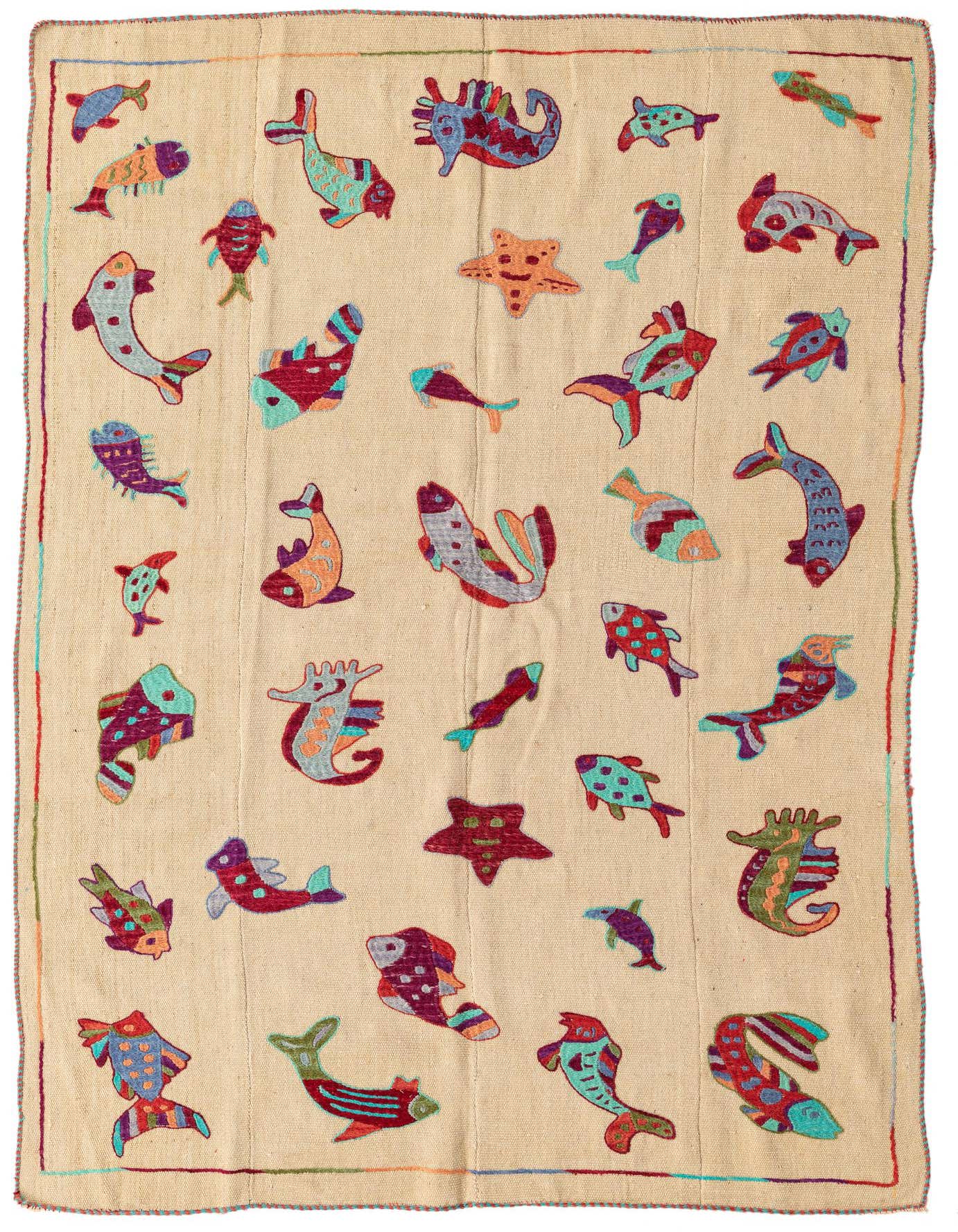 A 4x6 rectangular ivory flatweave rug with colorful tribal fish and sea creature patterns, handmade from wool.
