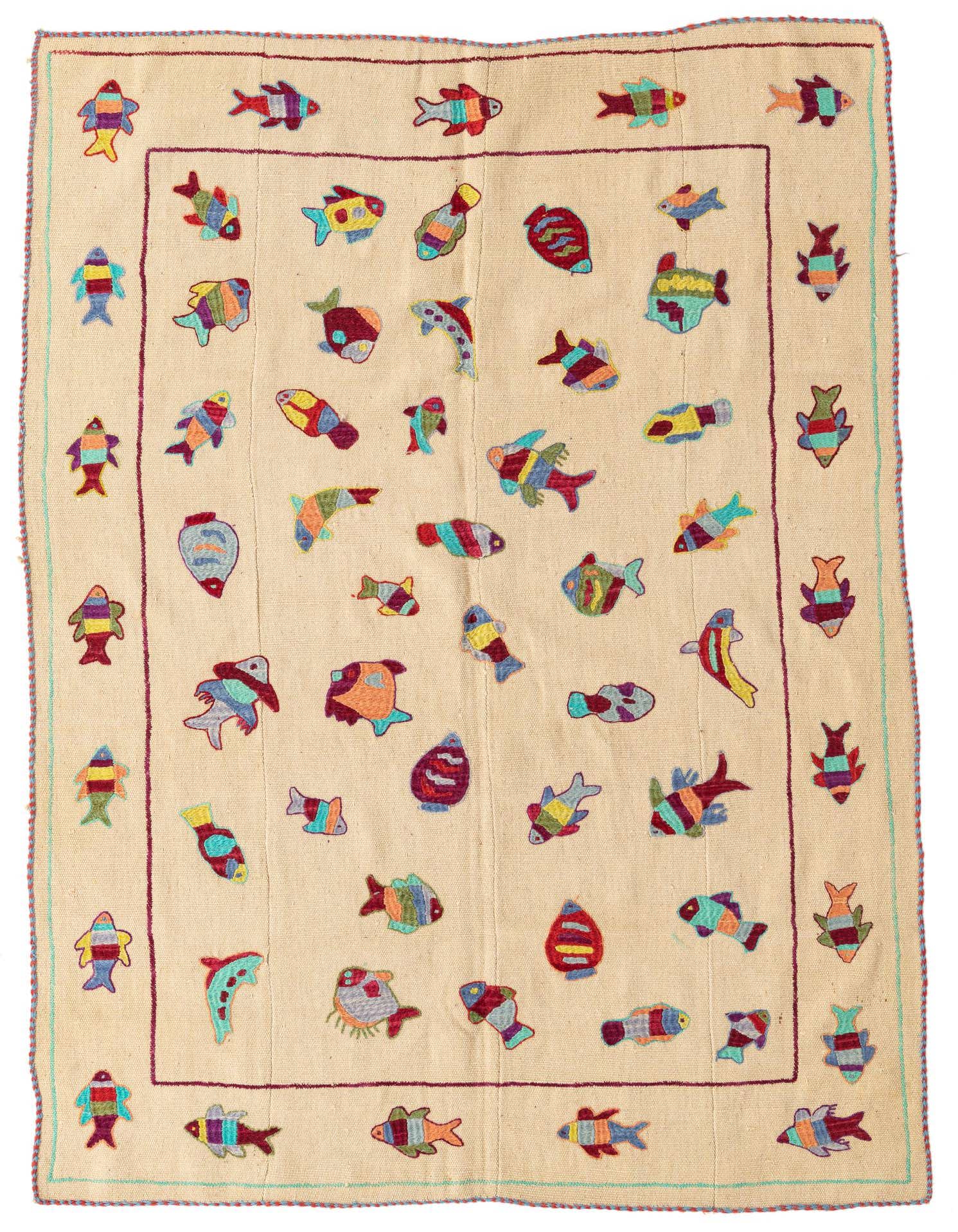 A 5x8 rectangular ivory flatweave rug with a colorful, playful fish pattern and a thin red border, suitable for a living room.