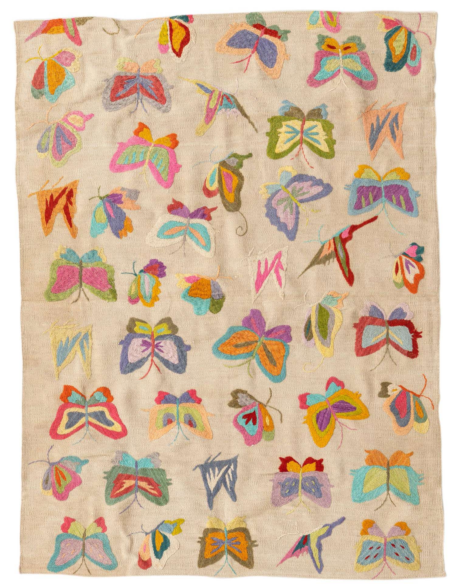 A 4x6 rectangular ivory flatweave rug featuring a vibrant, multicolored butterfly and moth pattern, perfect for a living room.
