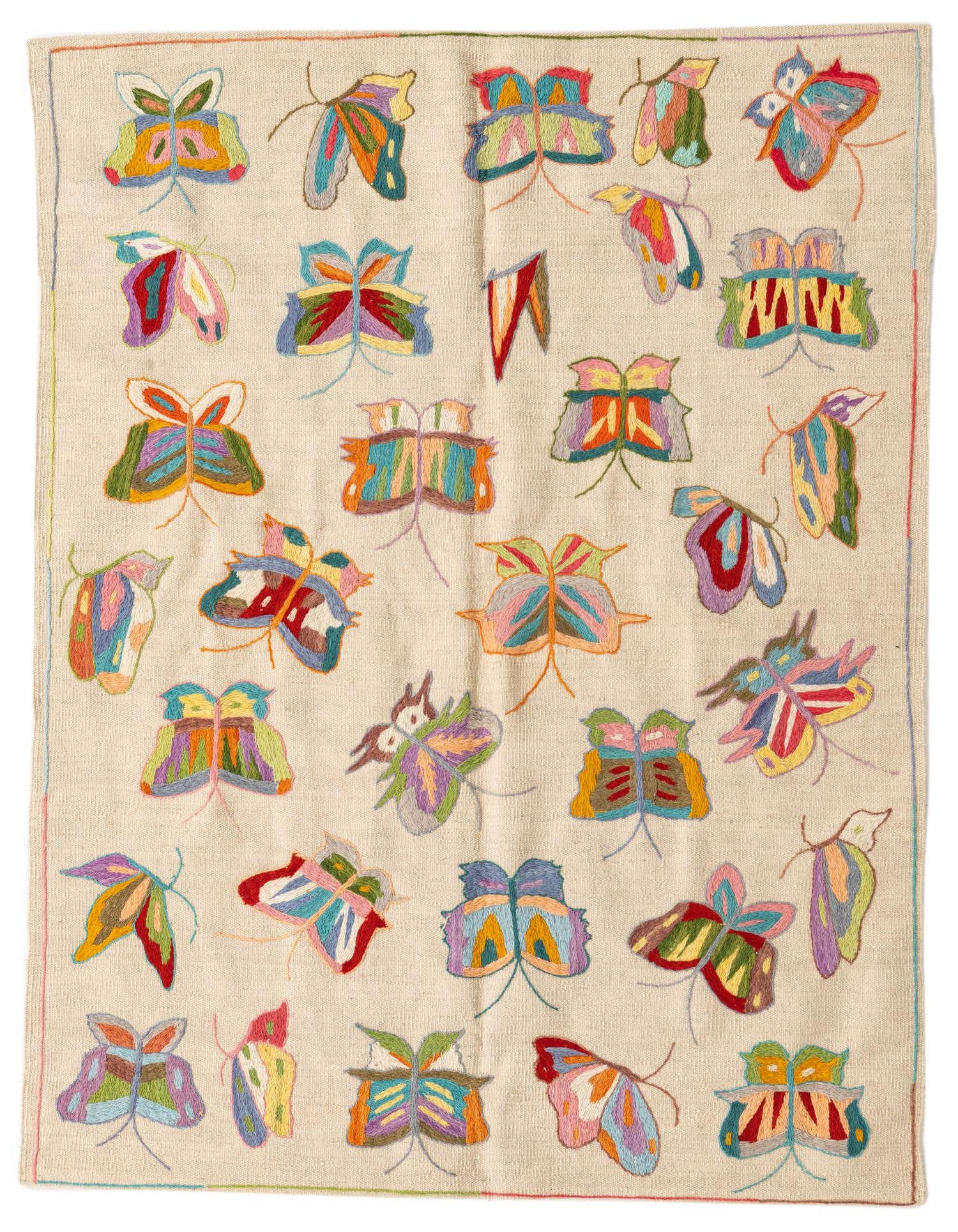 A 4x6 rectangular ivory flatweave rug featuring colorful embroidered butterflies in various sizes and orientations, perfect for a living room.