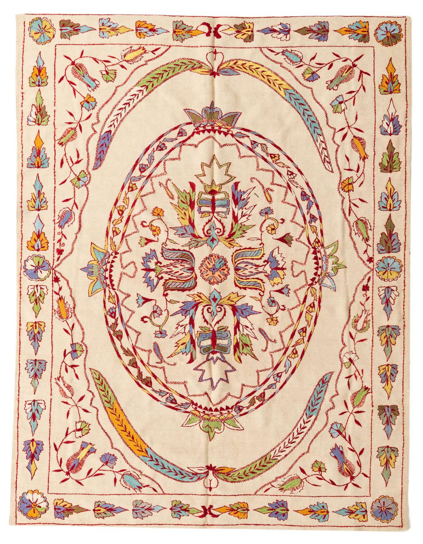 A 5x8 rectangular ivory flatweave rug with a vibrant tribal medallion pattern in red, blue, green, and yellow.