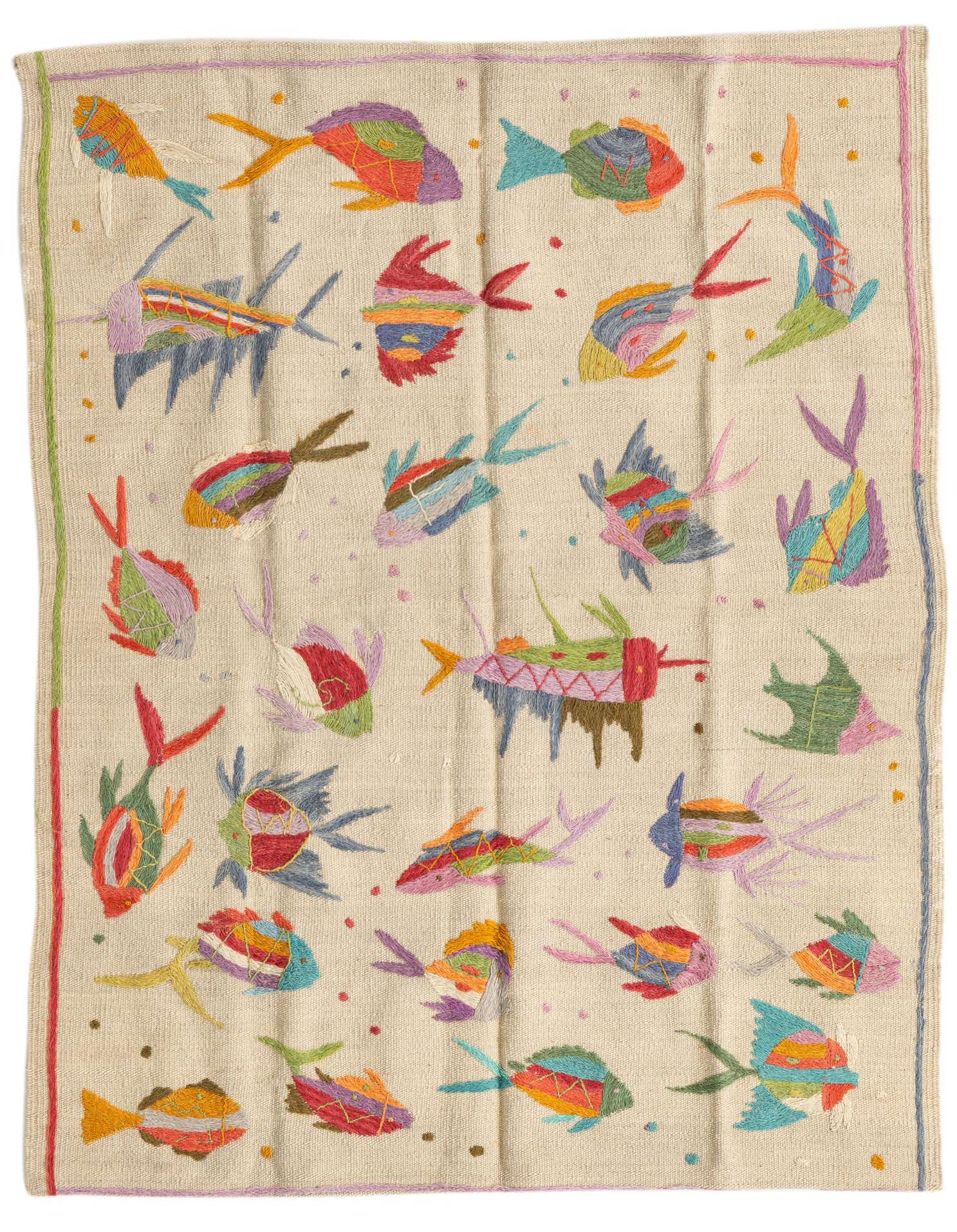 A 3x4 rectangular ivory flatweave rug featuring colorful embroidered tribal fish patterns, suitable for indoor spaces.