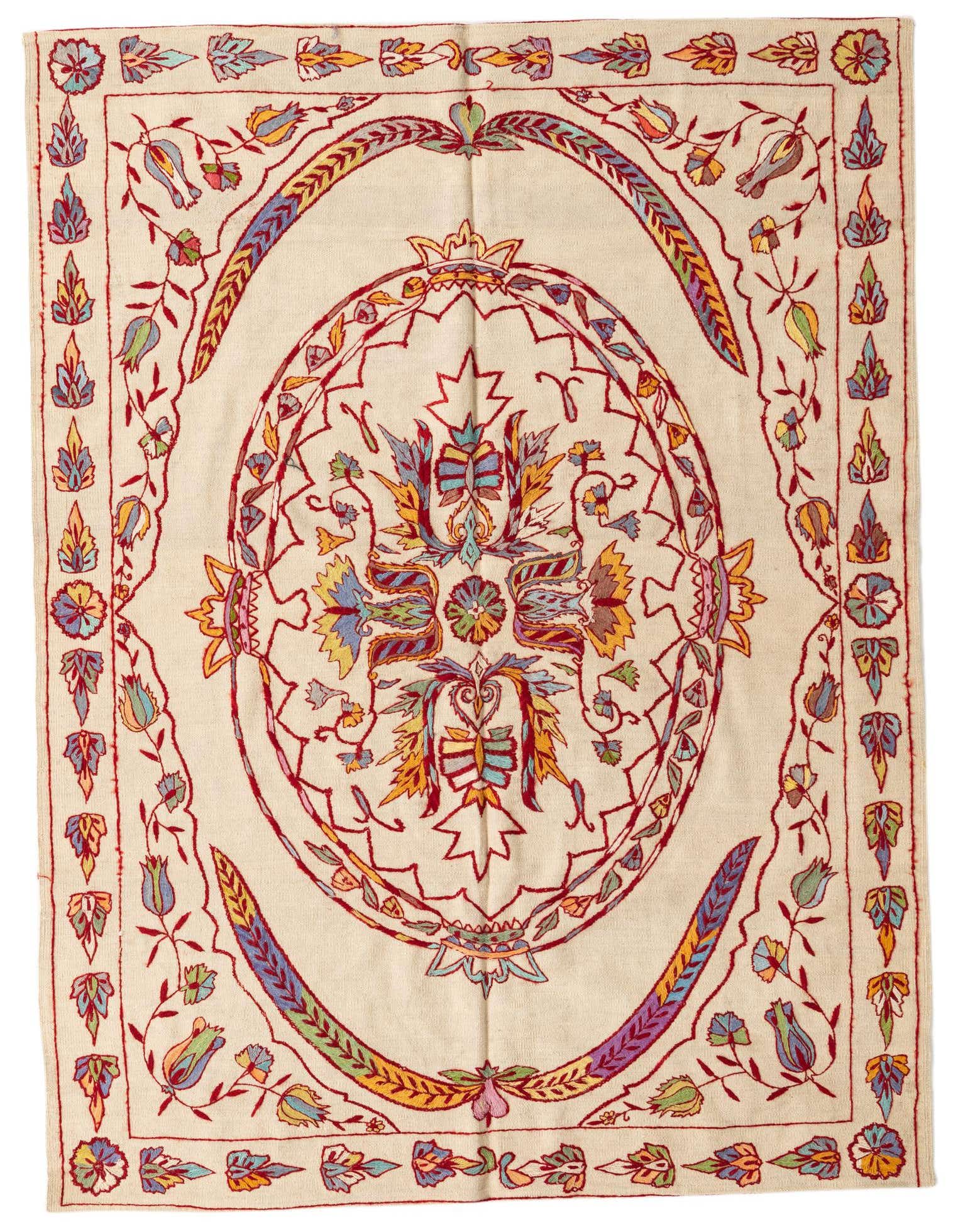 A 5x8 rectangular ivory Kilim Suzani rug with a colorful tribal medallion pattern and floral border.
