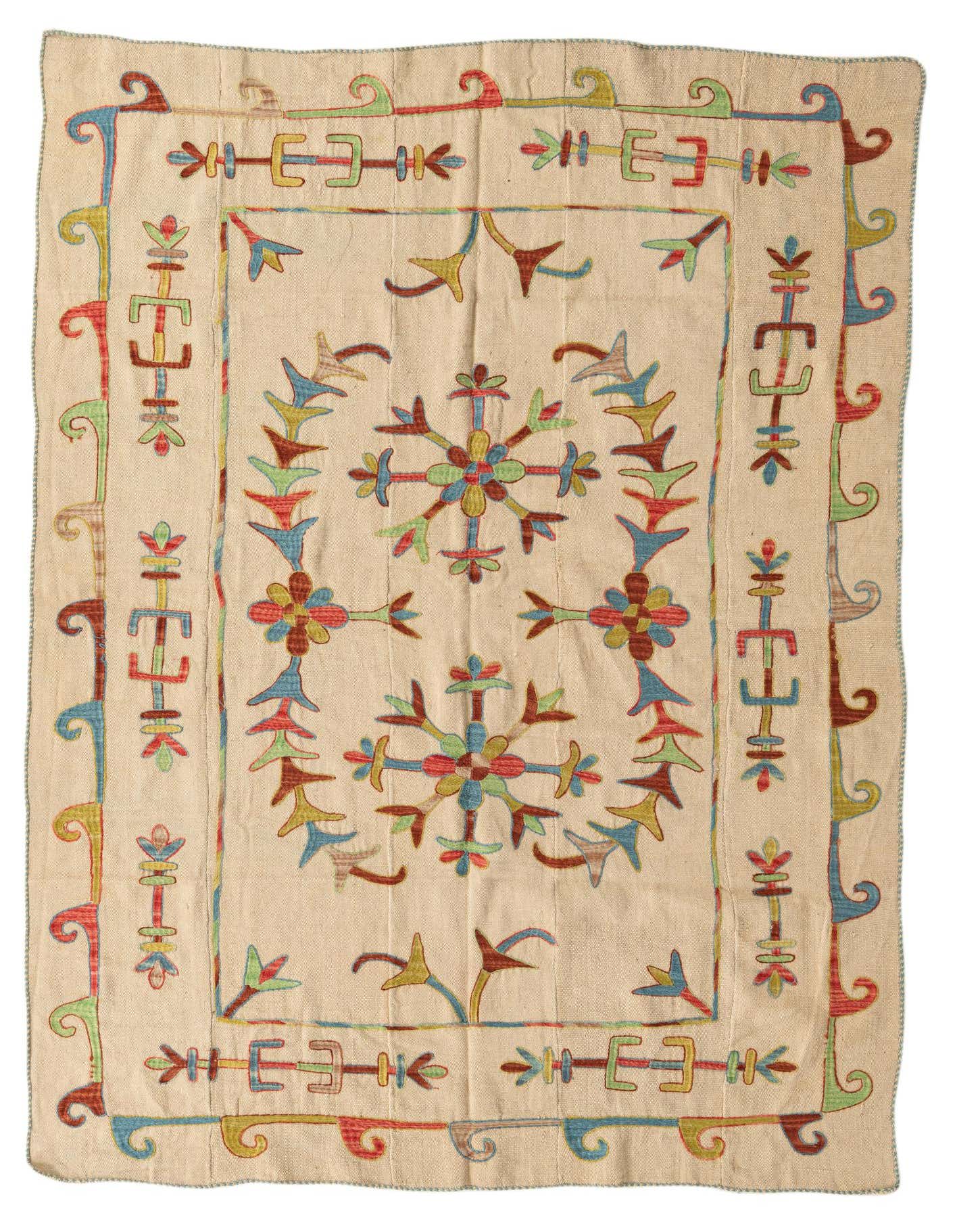 A 5x8 rectangular ivory Kilim Suzani rug with a colorful tribal floral and geometric pattern.