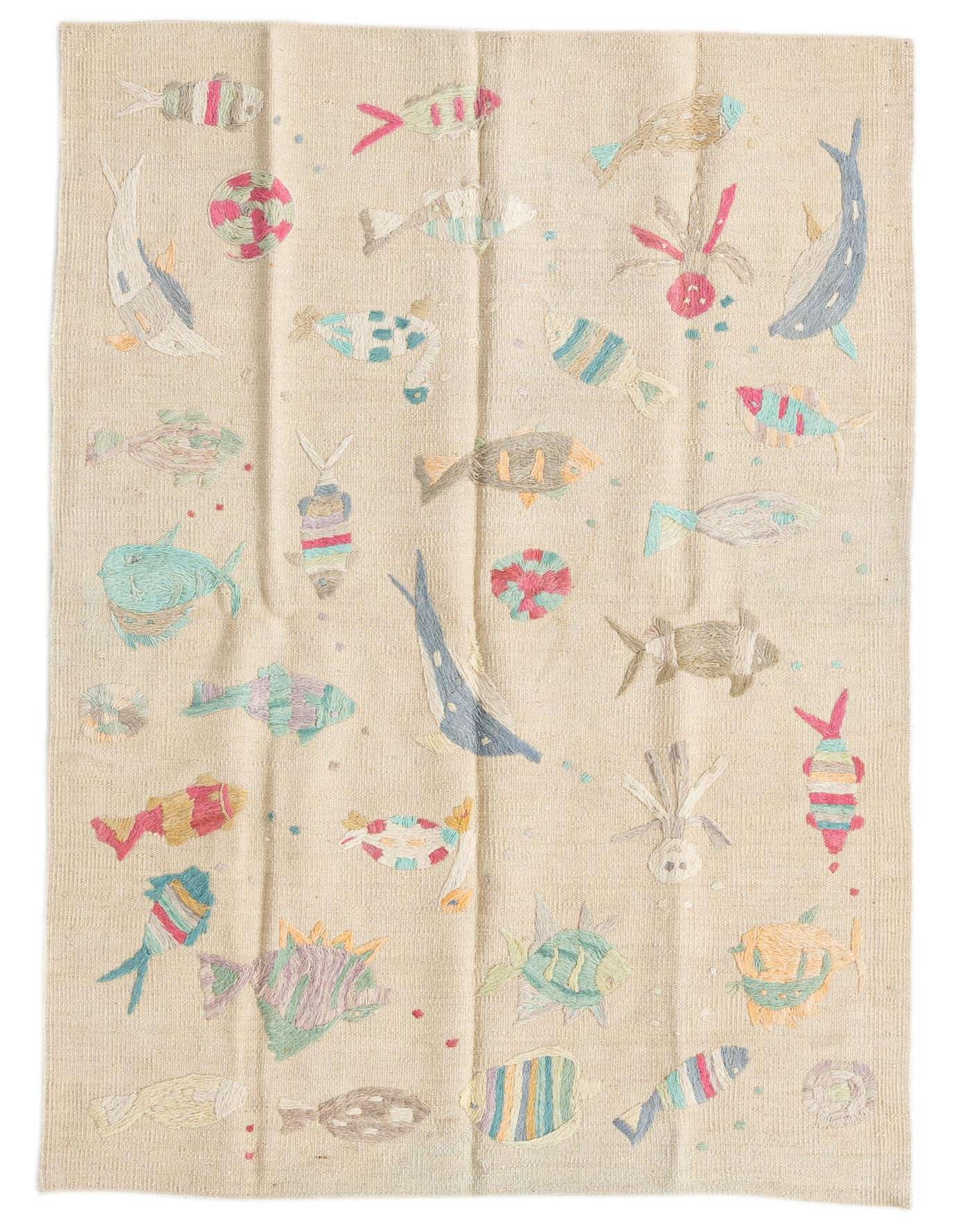 A 3x5 rectangular ivory flatweave rug featuring colorful, whimsical fish and sea creature motifs in various pastel shades, perfect for a child's room.