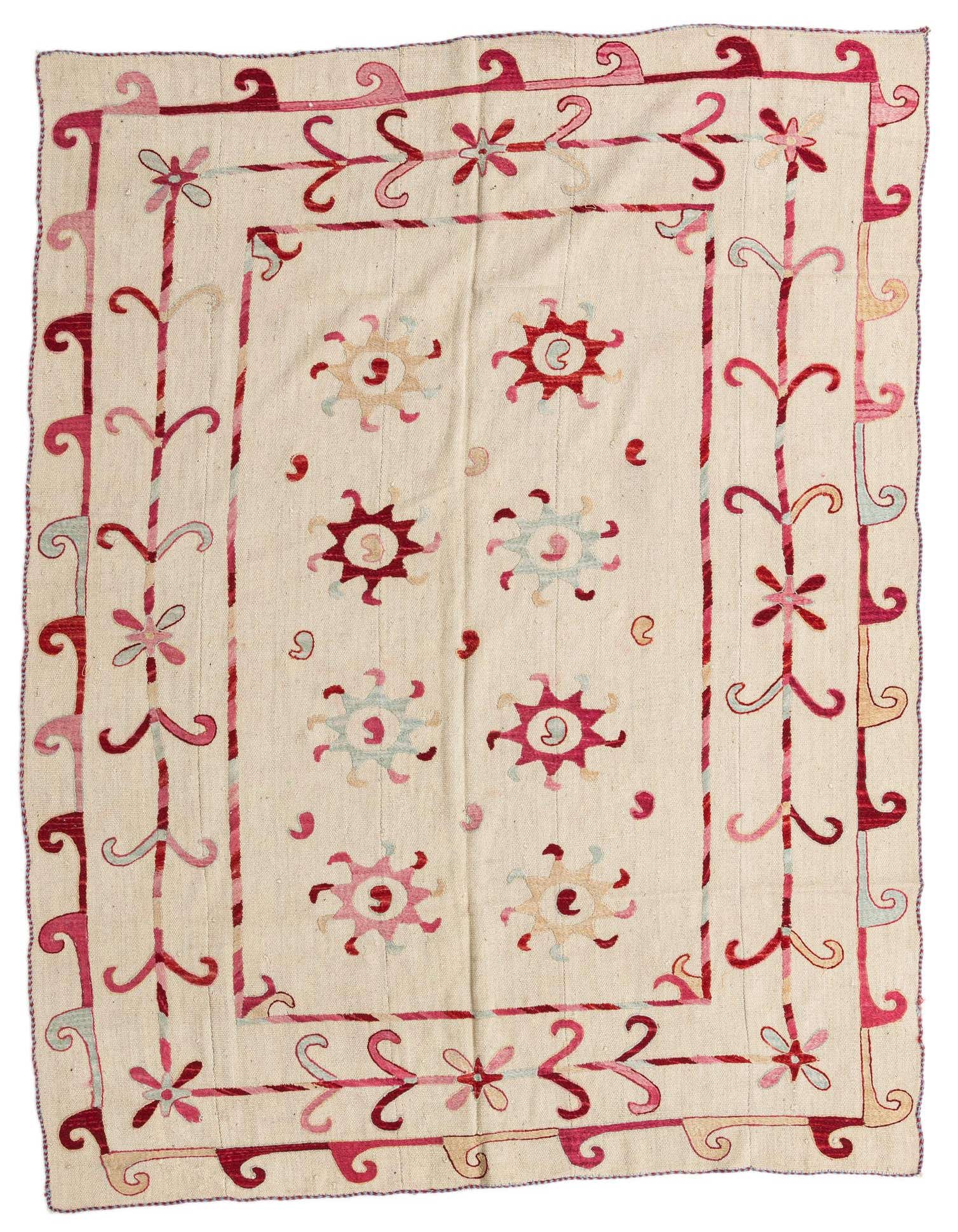 A 5x8 rectangular ivory Kilim Suzani rug with a tribal border and abstract floral motifs in red, pink, and light blue.