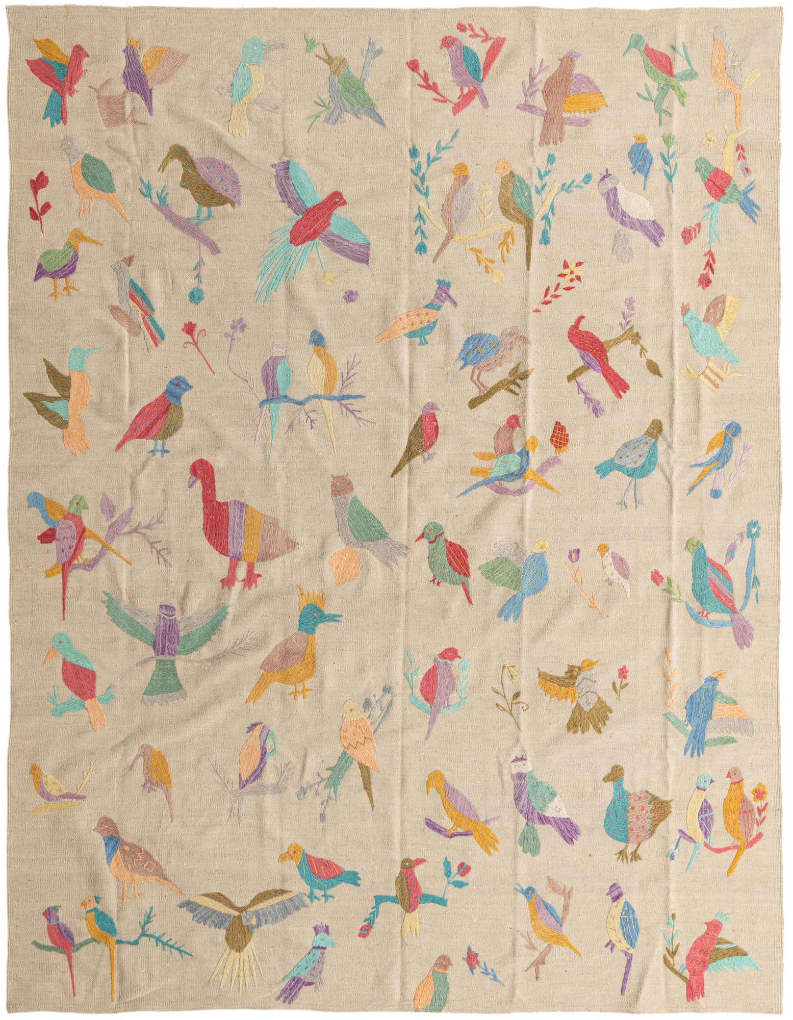 An 8x10 rectangular ivory flatweave rug featuring a vibrant, multicolored bird and floral tribal pattern.