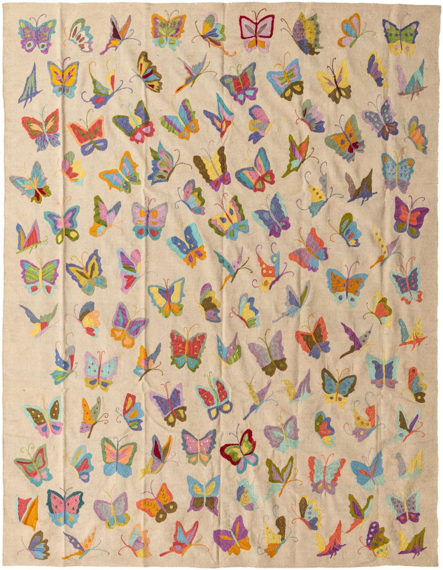 An 8x10 rectangular ivory flatweave rug featuring a vibrant, scattered pattern of colorful butterflies in various sizes and hues.
