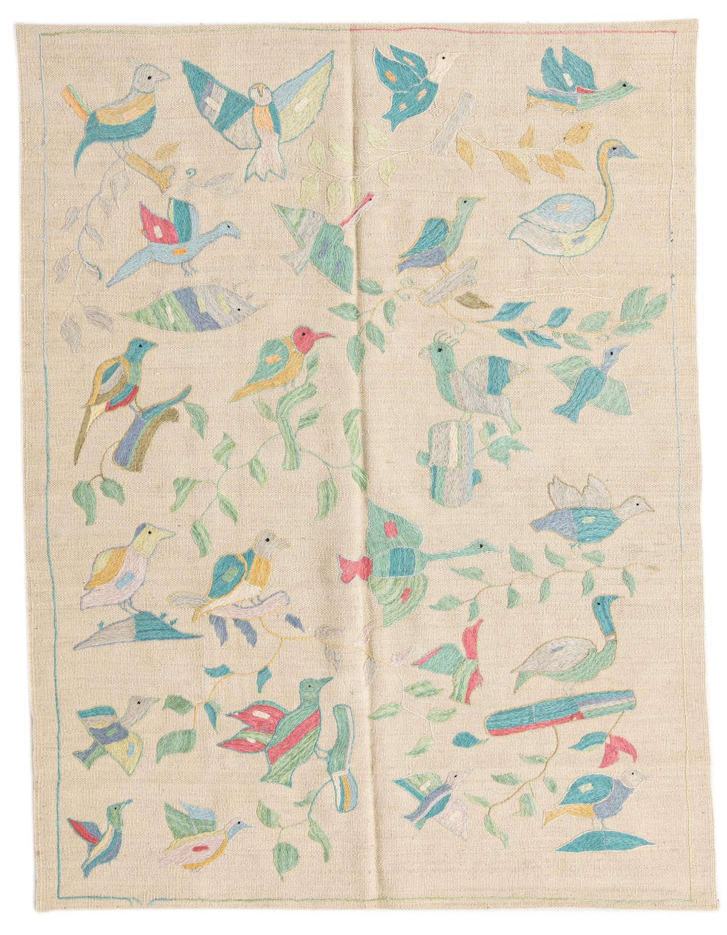 A 4x6 rectangular ivory flatweave rug with a colorful tribal bird and leaf pattern, ideal for a living room.