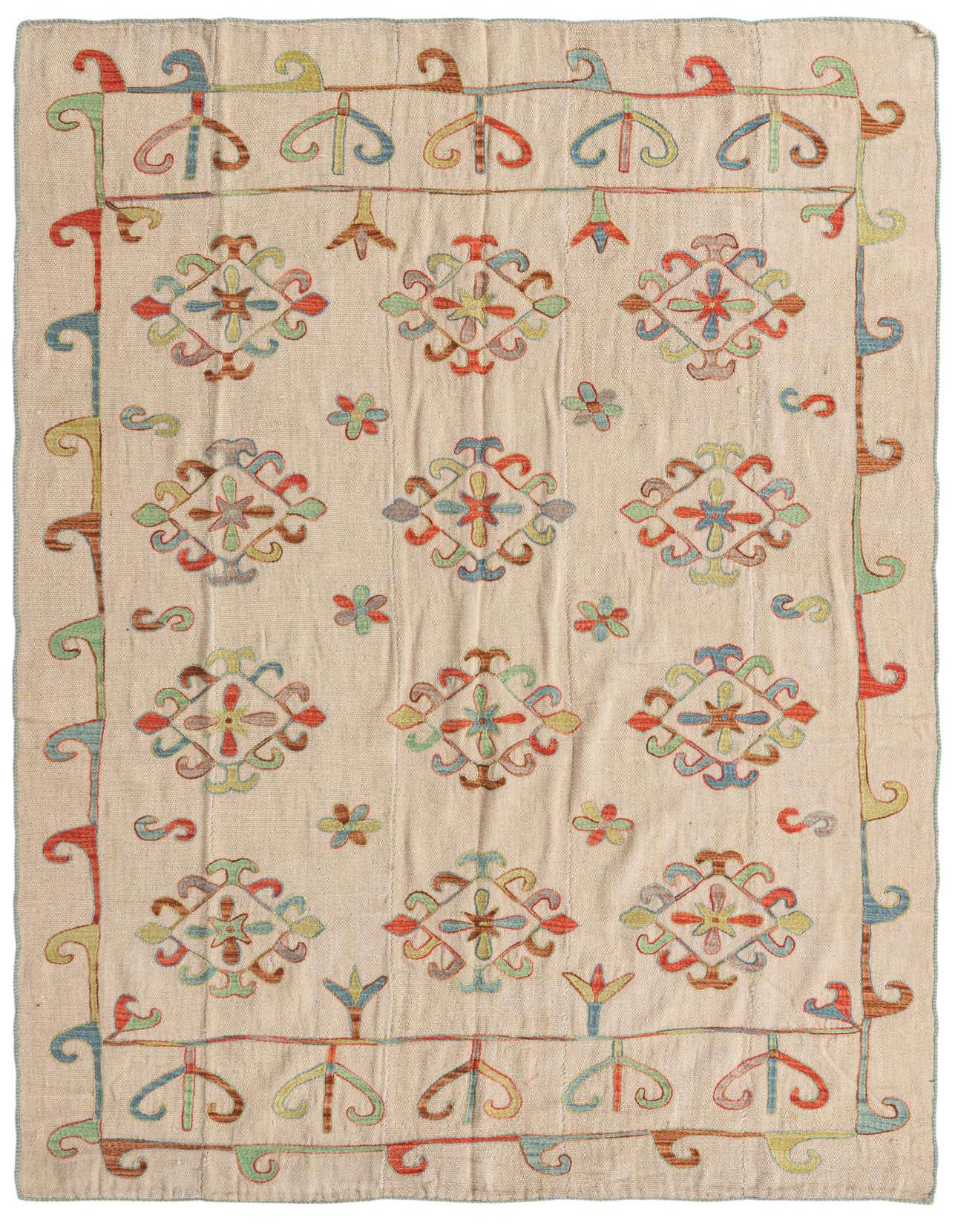 A 5x8 rectangular ivory flatweave rug with a colorful tribal Suzani pattern and a decorative border.