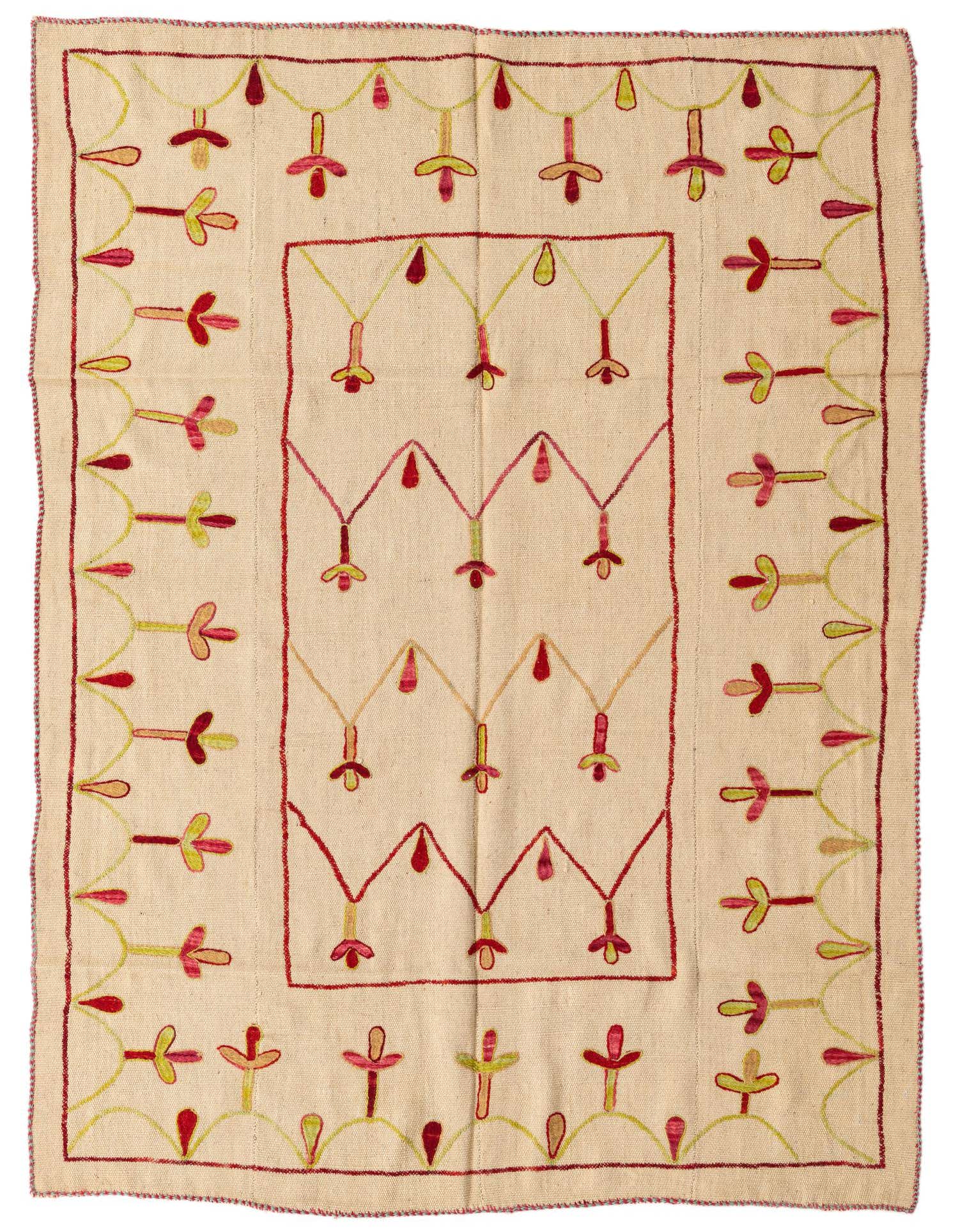 A 4x6 rectangular Kilim Suzani rug featuring a cream background with tribal patterns in red, pink, and lime green.