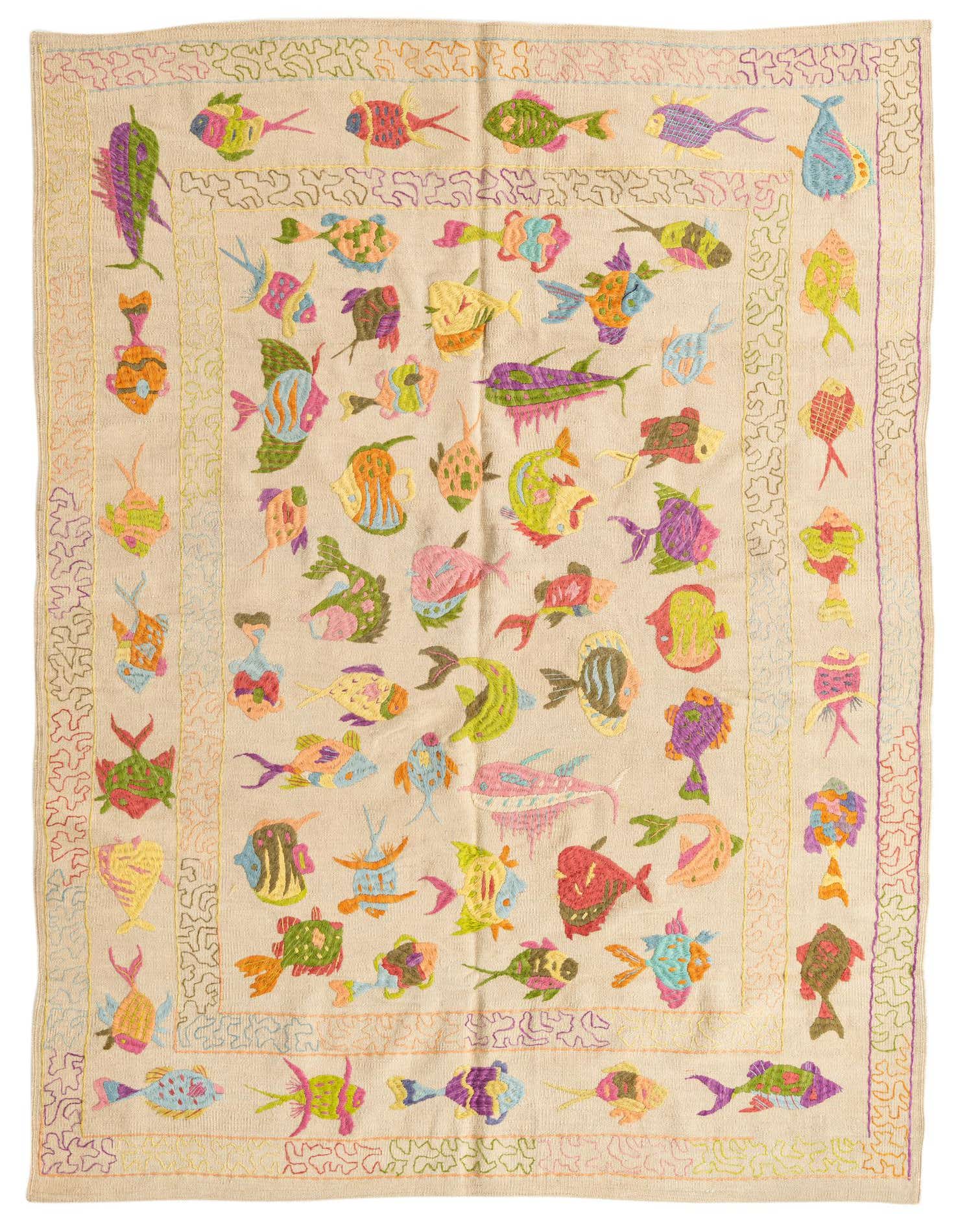 A 5x8 rectangular ivory Kilim Suzani rug with a vibrant, colorful fish pattern and a decorative border.