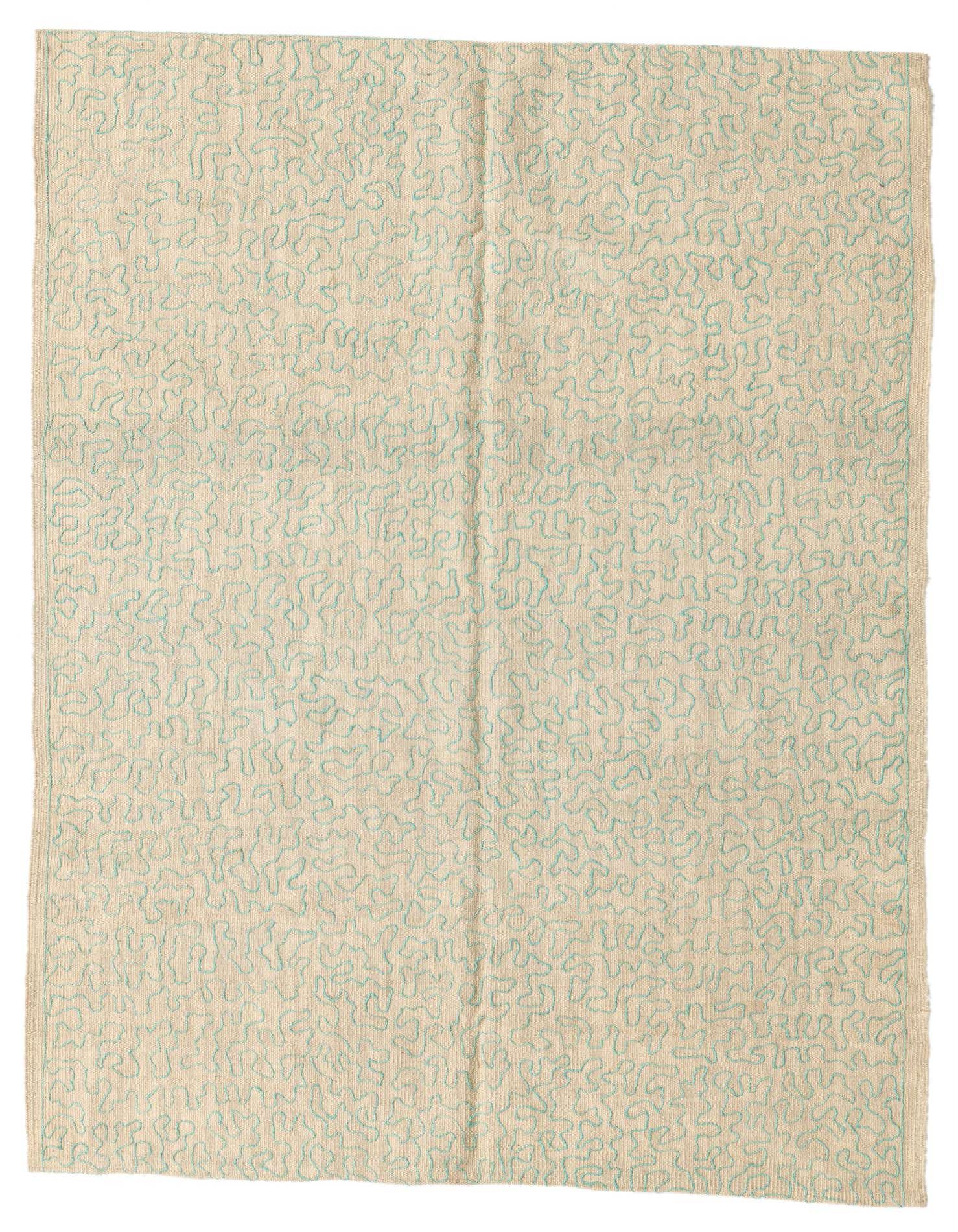 A 4x6 rectangular ivory flatweave wool rug with a teal abstract tribal pattern, suitable for a living room.