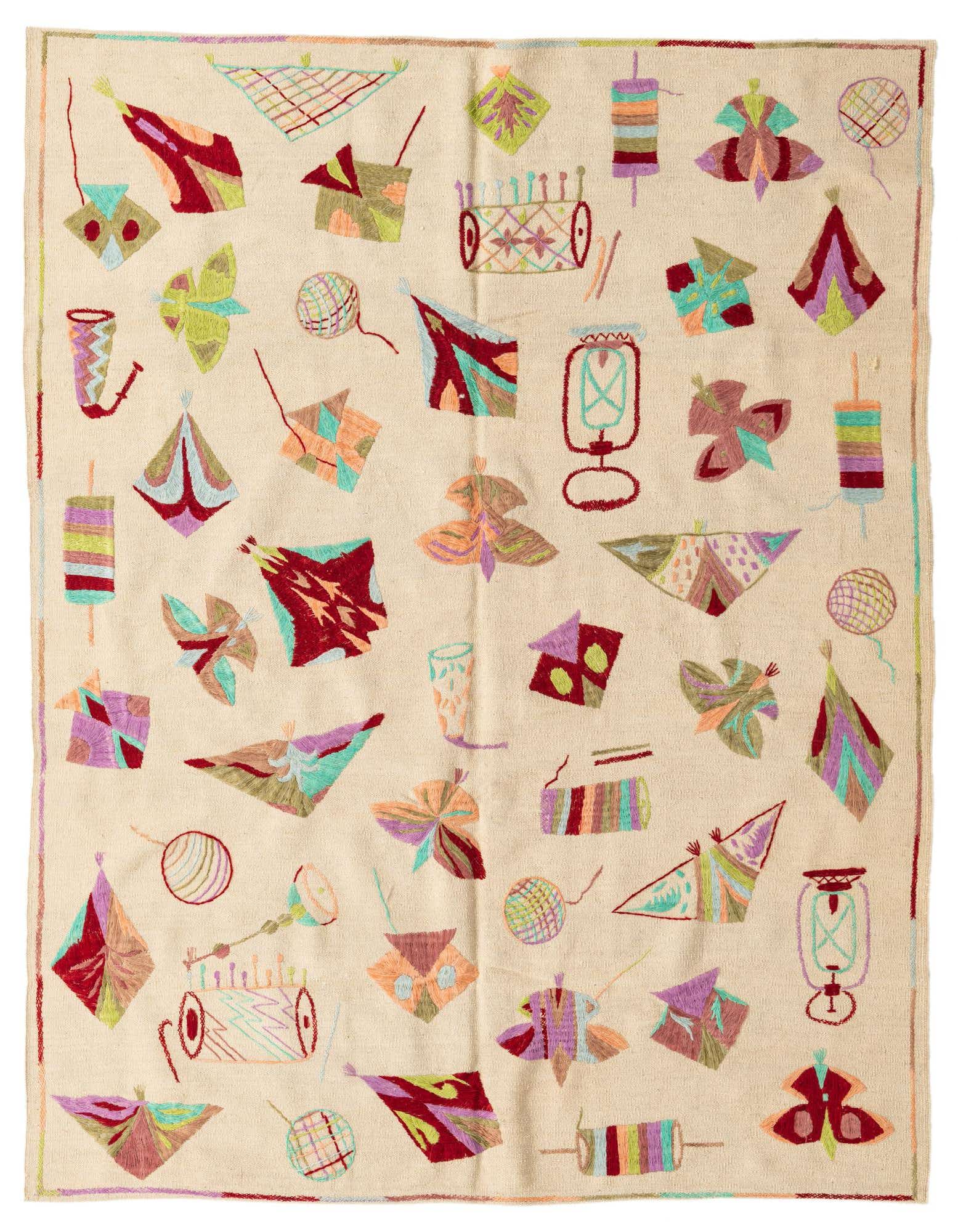 A 5x8 rectangular ivory flatweave rug with a colorful tribal abstract pattern featuring various kite-like shapes and geometric motifs.