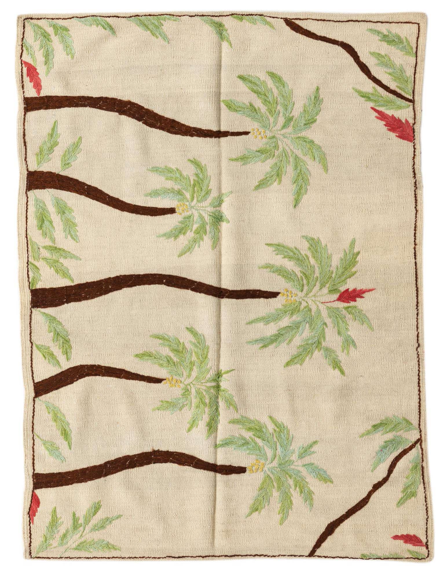 A 3x5 rectangular ivory flatweave rug with a tribal pattern of brown branches, green leaves, and small red accents.