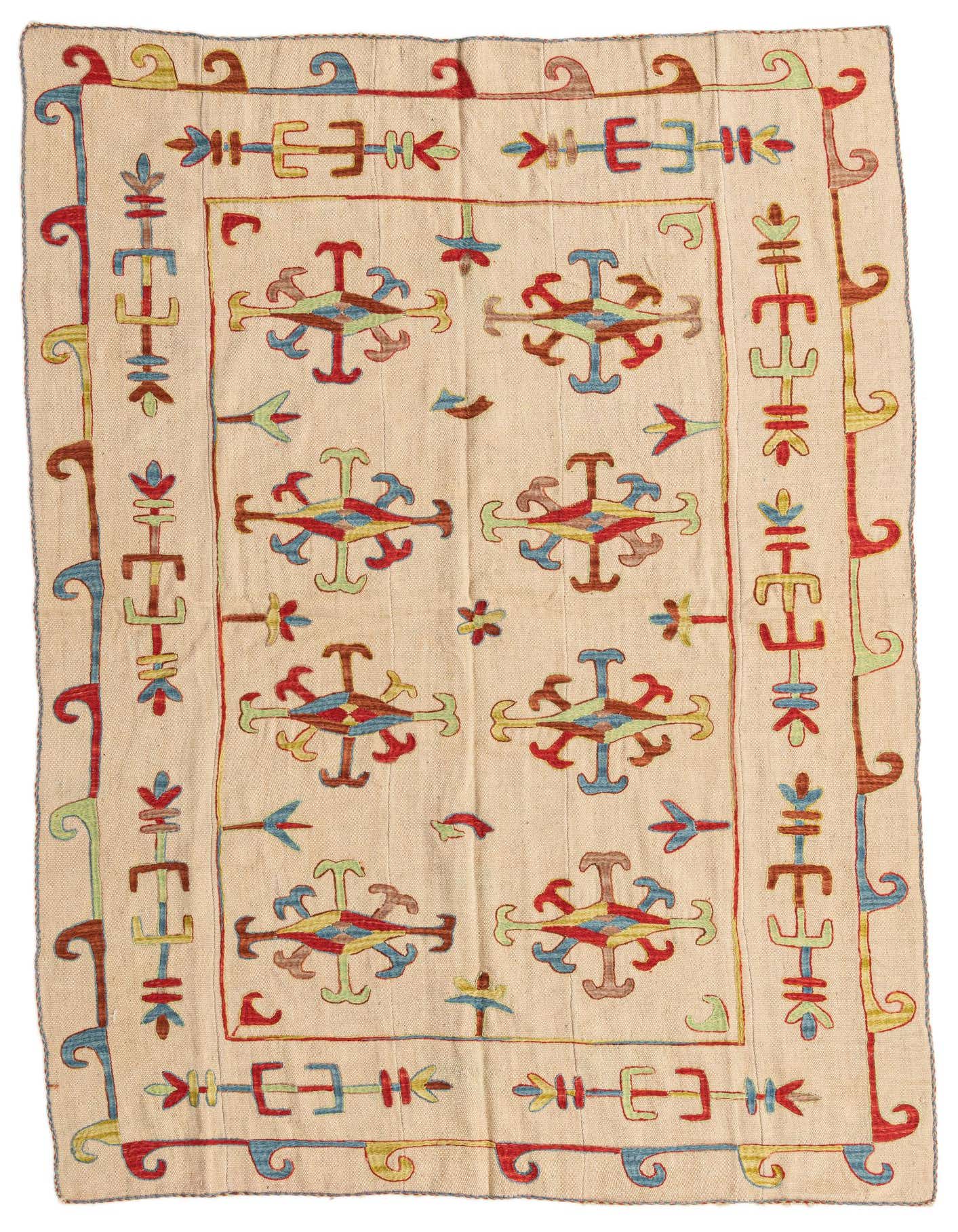 A 5x8 rectangular ivory Kilim Suzani rug with a colorful tribal pattern, featuring abstract motifs in red, blue, yellow, and green.