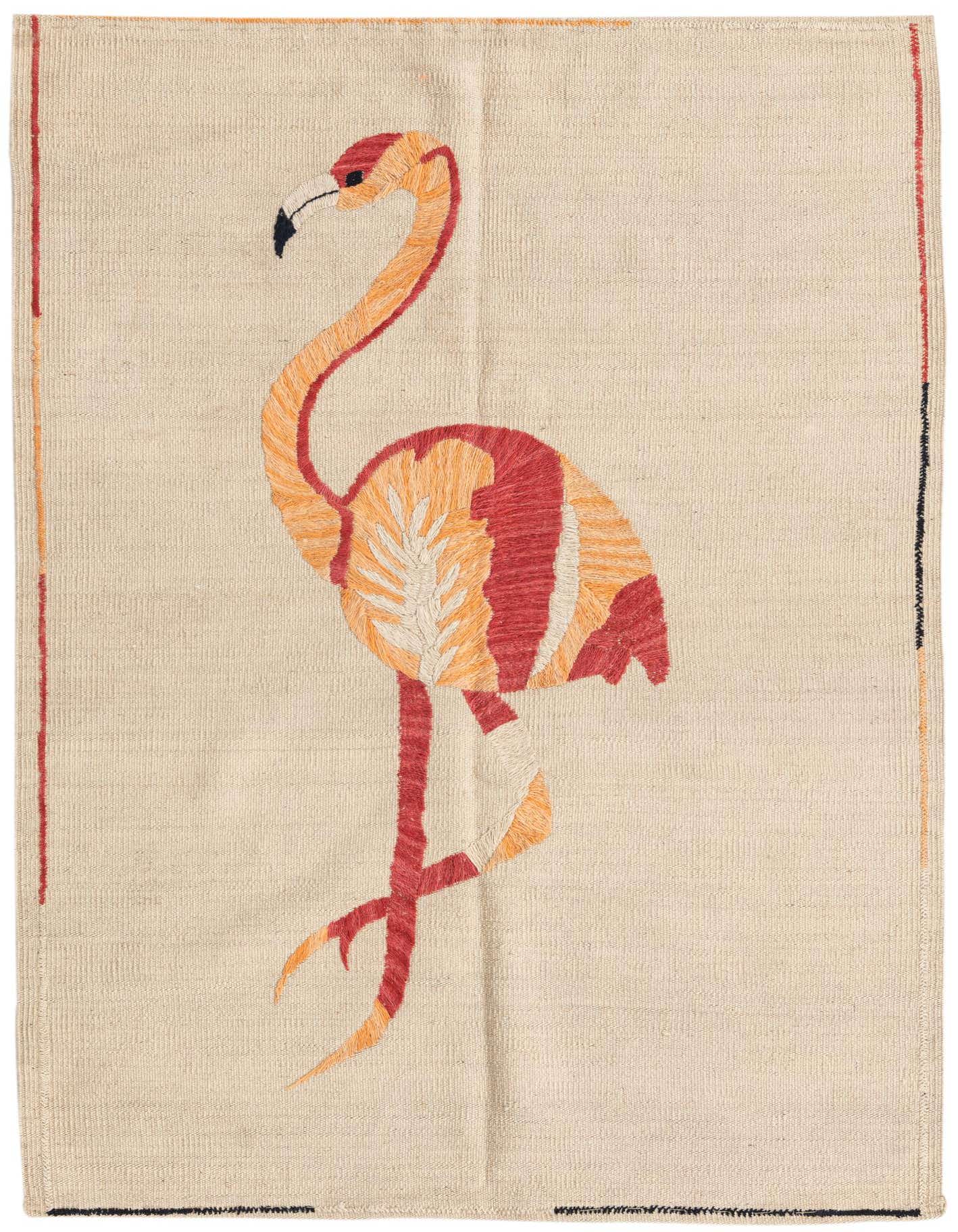 A 3x5 rectangular ivory flatweave rug featuring a large, vibrant flamingo design in red and orange, ideal for a kitchen or entryway.