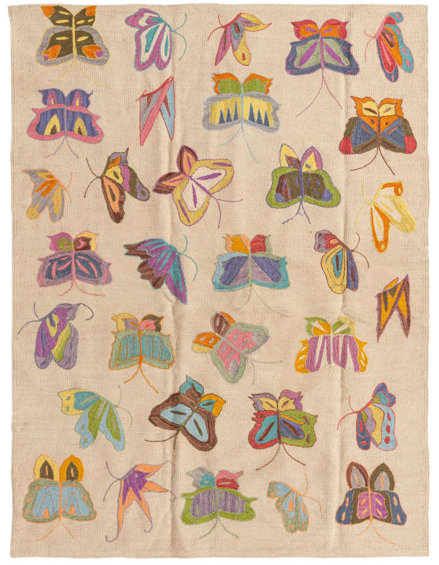 A 4x6 ivory rectangular flatweave rug featuring colorful, abstract butterfly and moth-like motifs in various shades.