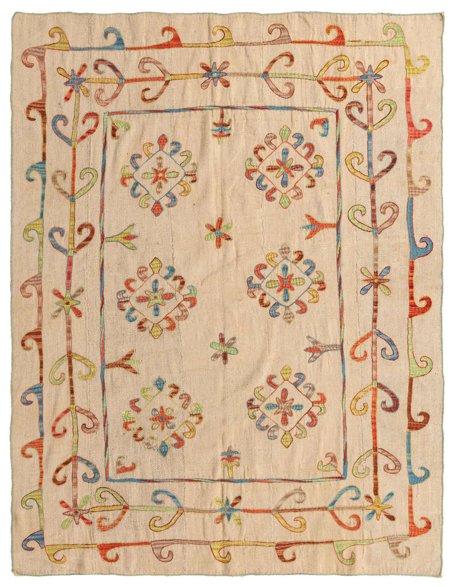 A 5x8 rectangular ivory flatweave rug with a colorful tribal Suzani pattern and a decorative border.