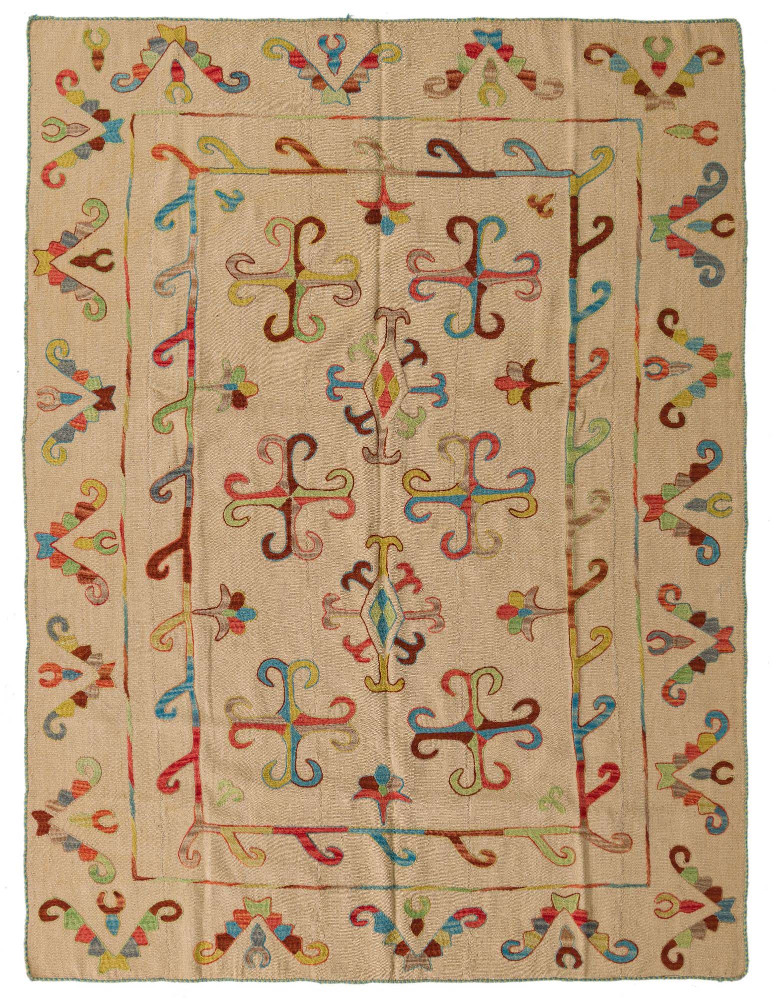 A 5x8 rectangular ivory flatweave rug with a colorful tribal Suzani pattern, ideal for a living room.