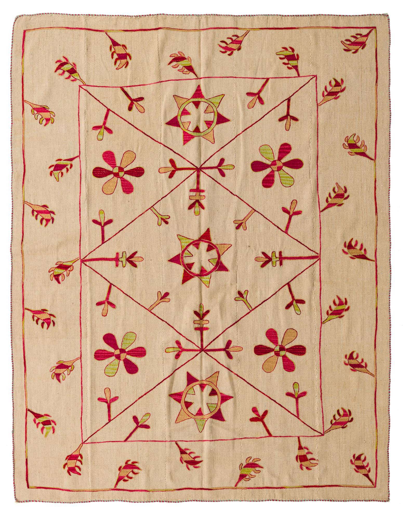 A 5x8 rectangular ivory Kilim Suzani wool rug with a tribal pattern of red, green, and orange floral and star motifs.