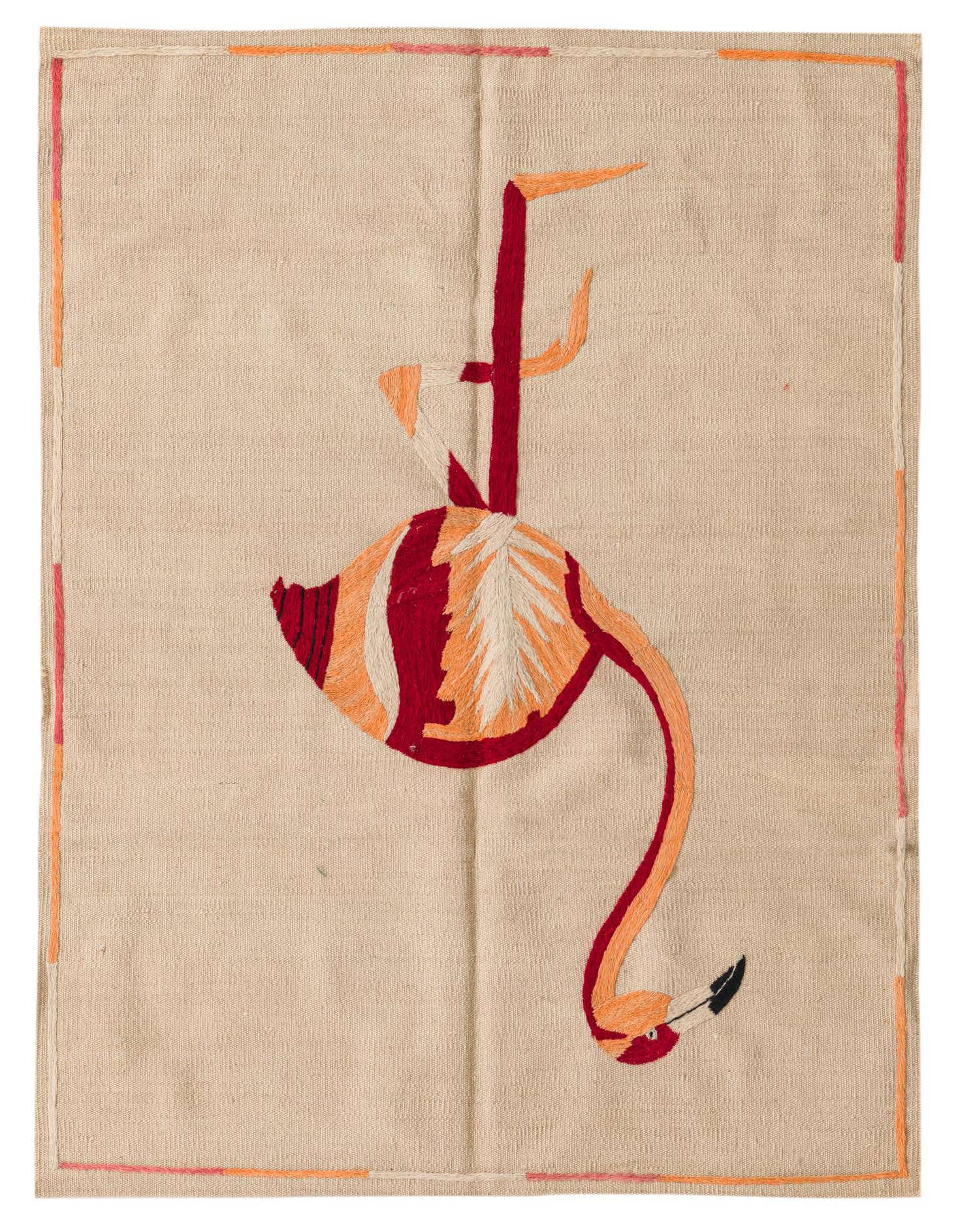 A 3x5 rectangular Kilim Suzani rug featuring a large, stylized flamingo in red, orange, and white embroidery on an ivory flatweave.