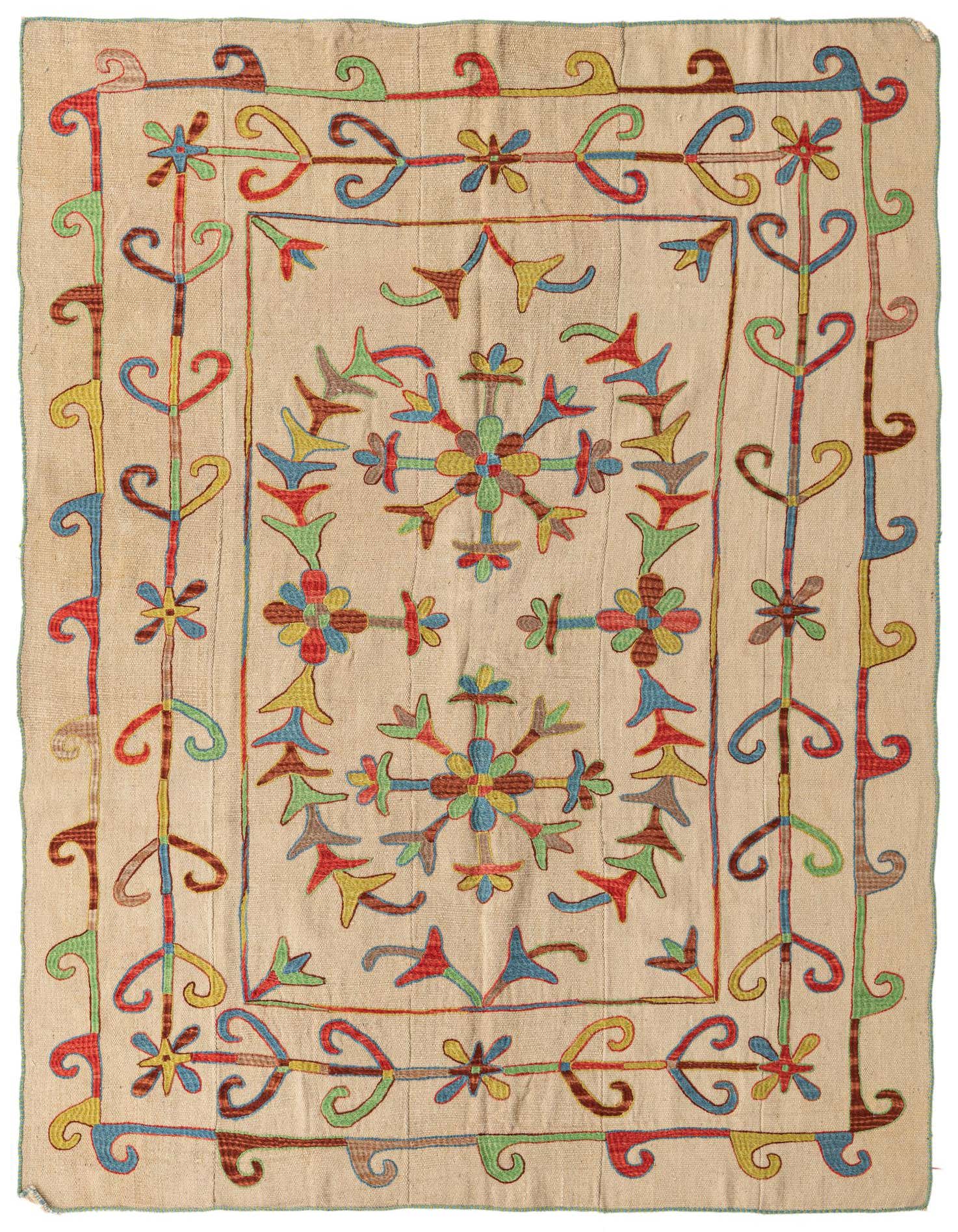 A 5x8 rectangular Kilim Suzani rug features a cream background with vibrant tribal and floral embroidery in red, blue, green, yellow, and brown.