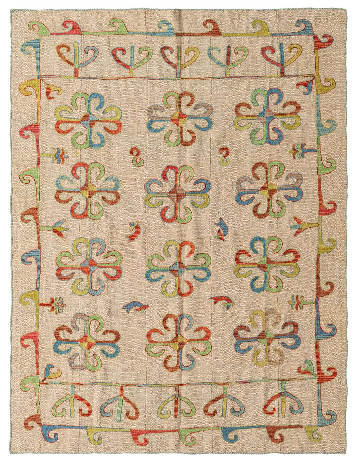 A 5x8 rectangular ivory flatweave rug with a colorful tribal pattern featuring floral and geometric motifs in red, blue, green, and yellow.