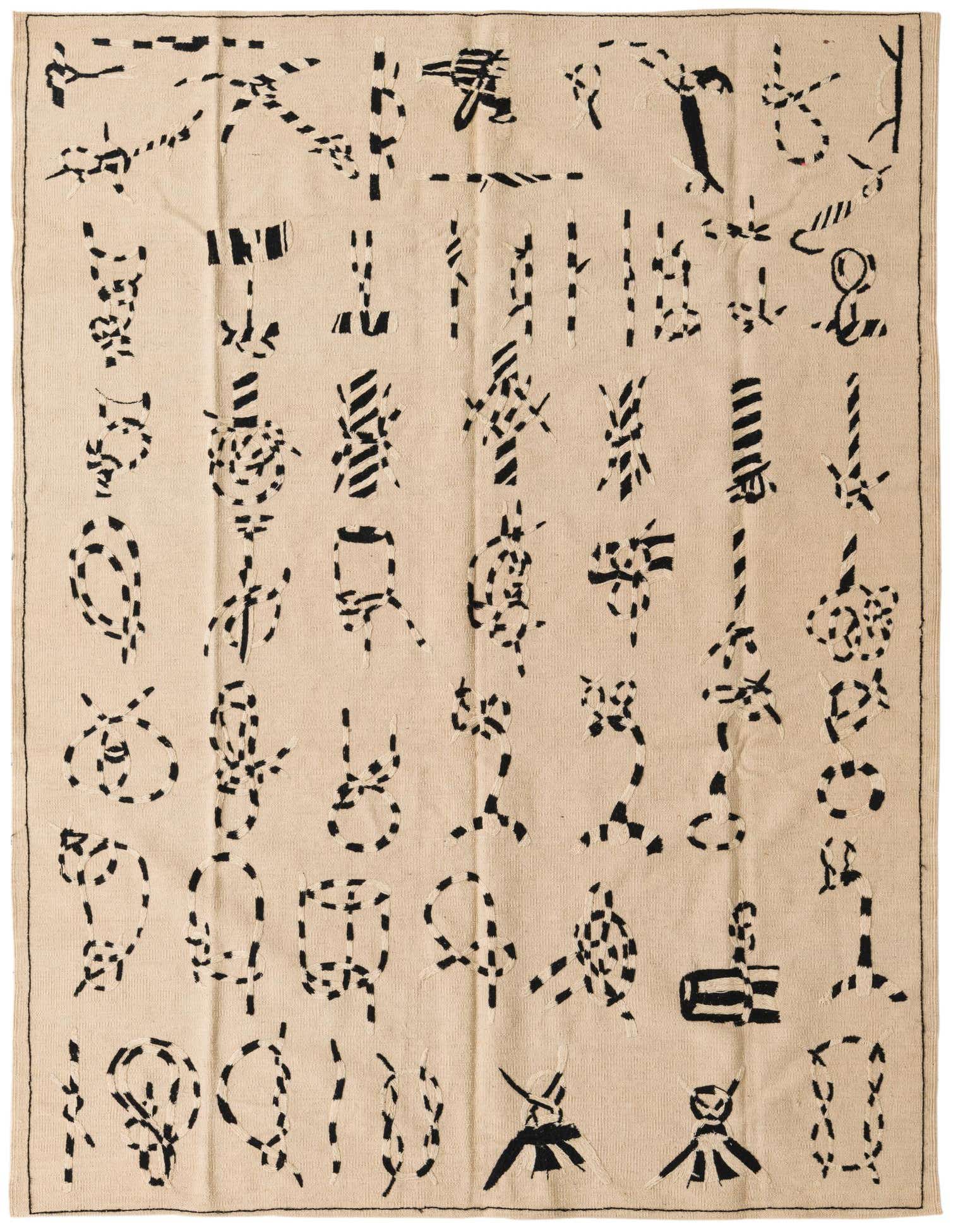 A 5x8 rectangular ivory wool flatweave rug with a modern tribal abstract pattern of black dashed lines and shapes.