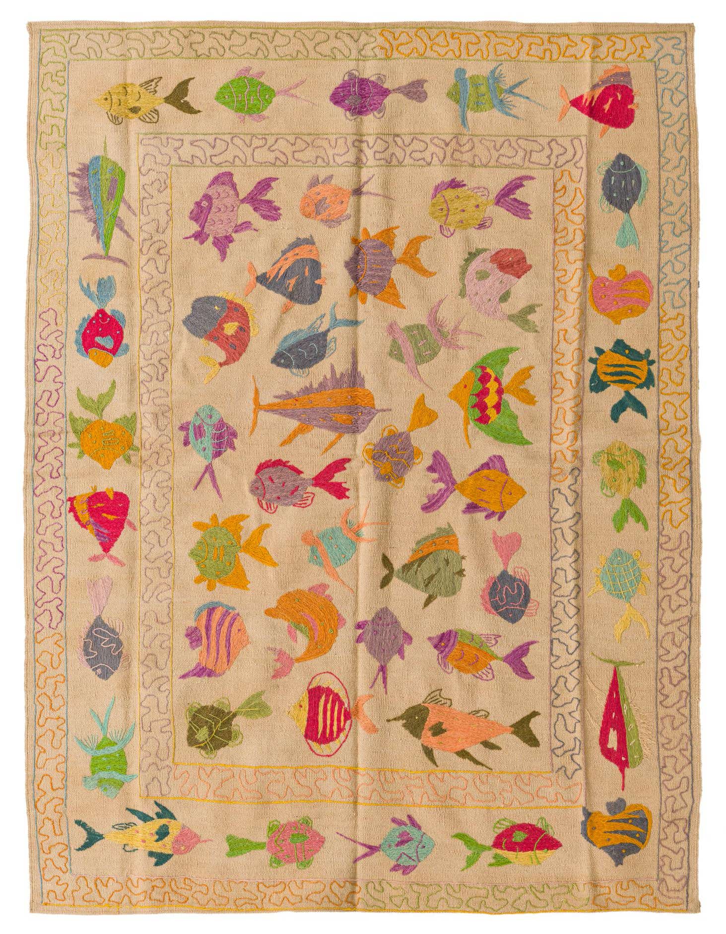 A 4x6 rectangular ivory flatweave rug featuring a vibrant, multicolored fish pattern and a decorative border, perfect for a modern or tribal-inspired living room.