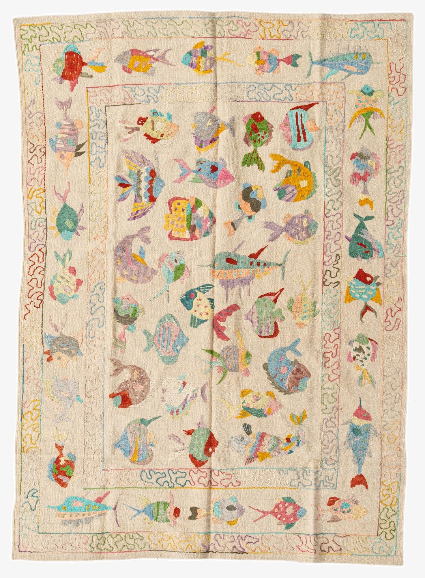  4' 9 x 6' 7  Hand Woven Kilim Suzani Wool Rug