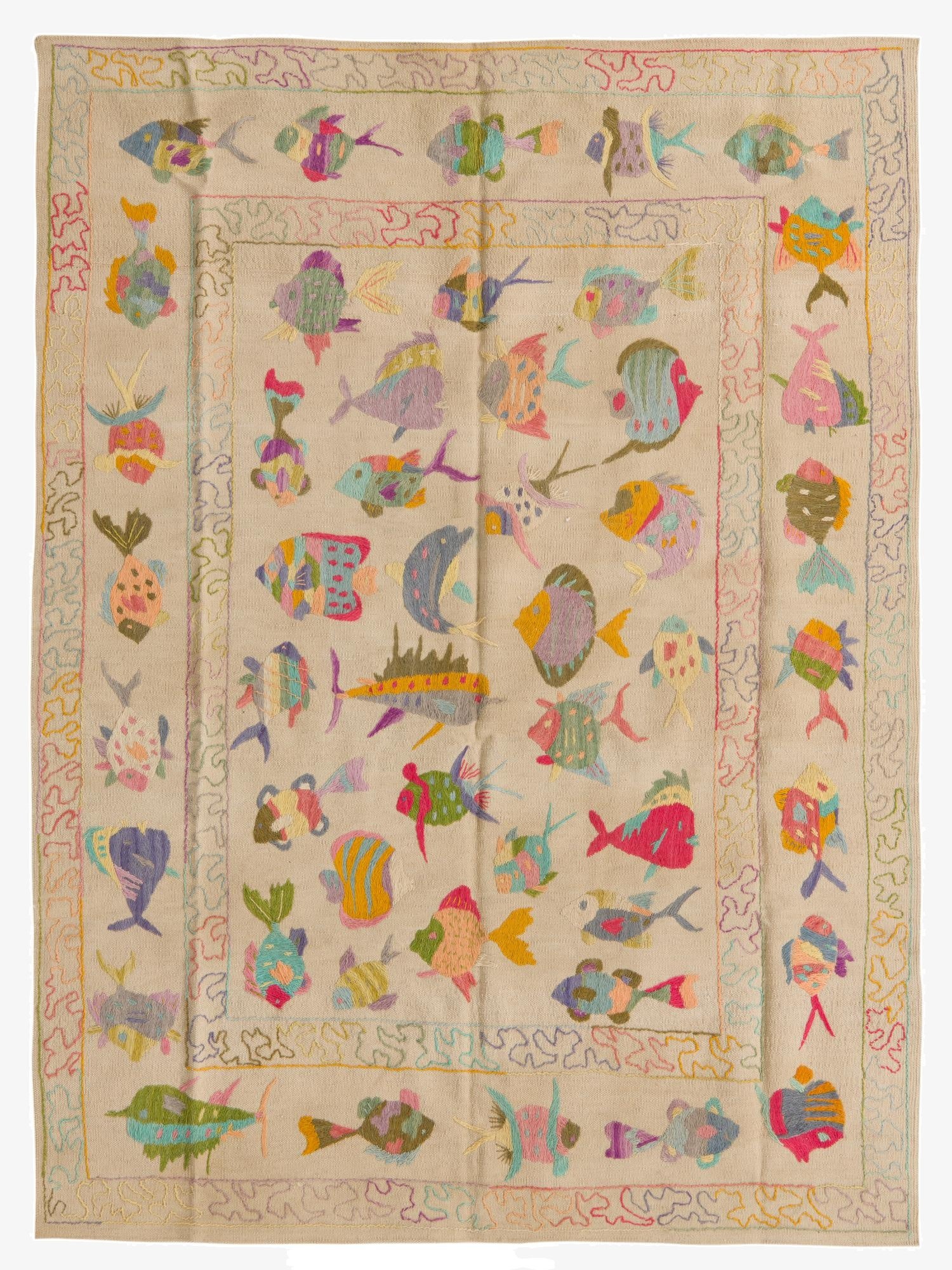  4' 9 x 6' 4  Hand Woven Kilim Suzani Wool Rug