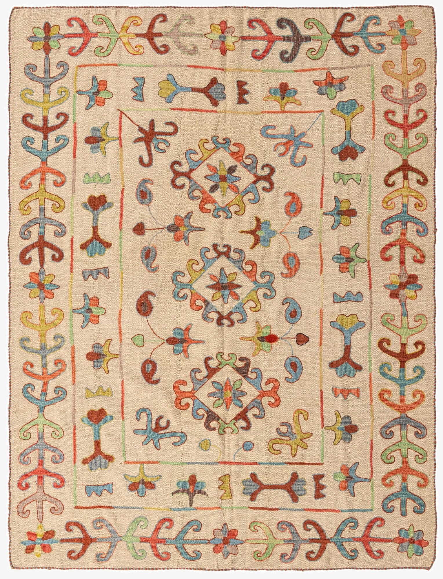  5' 11 x 7' 7  Hand Woven Kilim Suzani Wool Rug