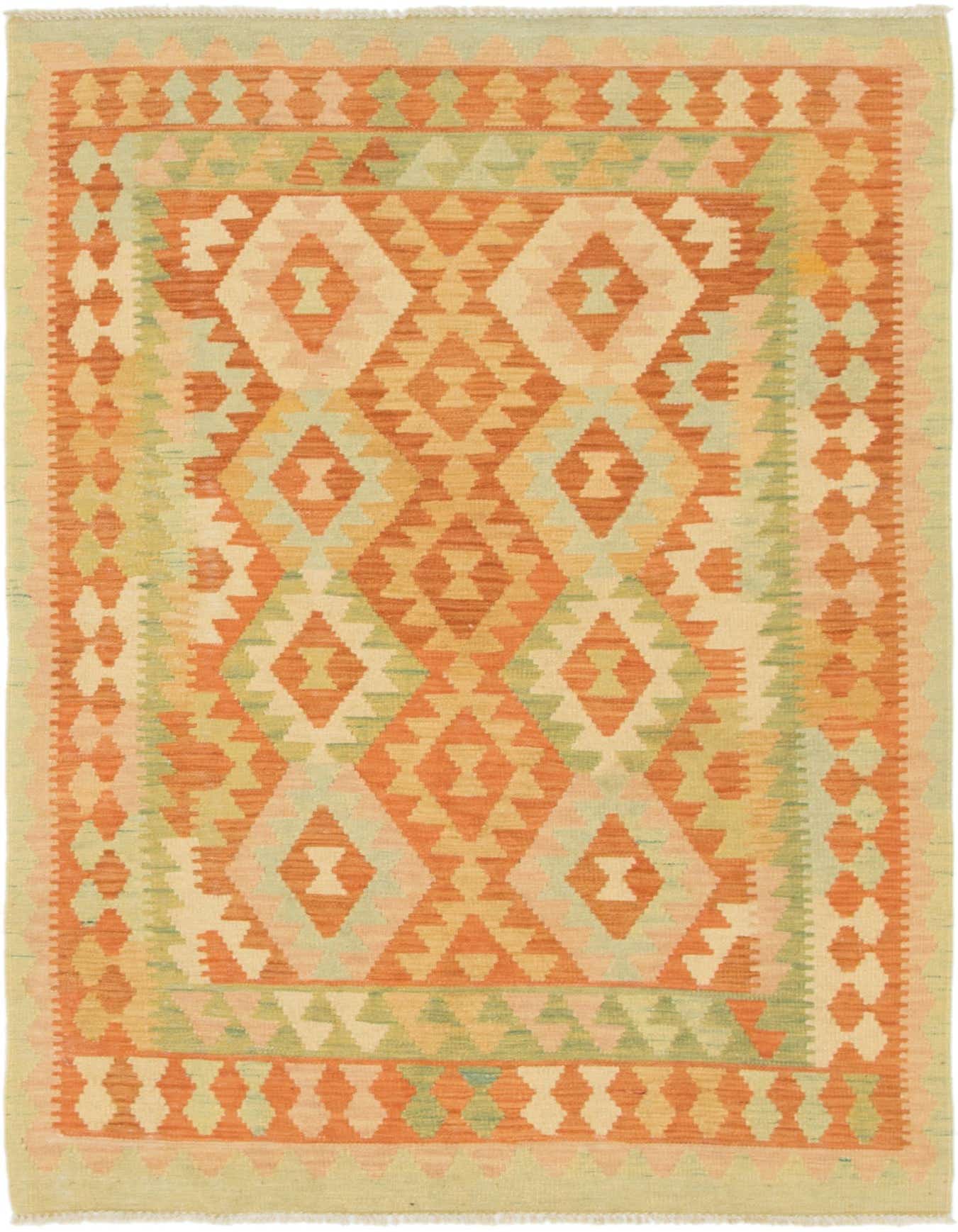 A 3x5 rectangular Kilim Waziri rug featuring a Southwestern geometric pattern in ivory, cream, and subtle green tones.