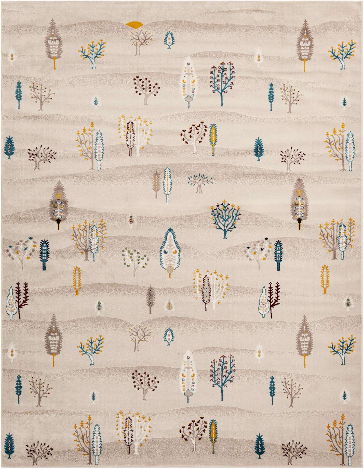 A 10x14 rectangular ivory rug with a whimsical tribal pattern of stylized trees in various colors like teal, gold, and brown.