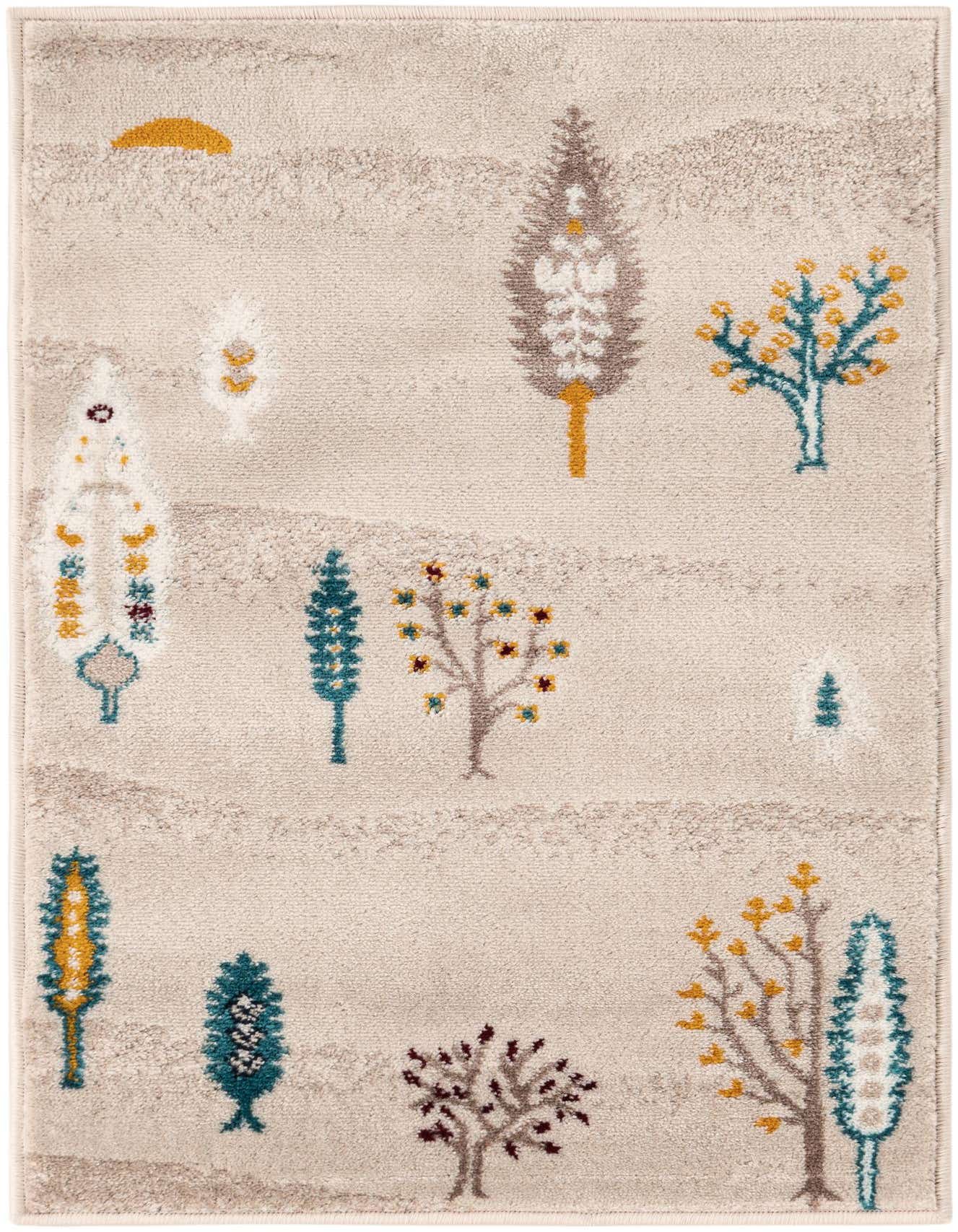 A 2x3 rectangular ivory tribal rug with colorful tree and sun motifs in a thin pile.