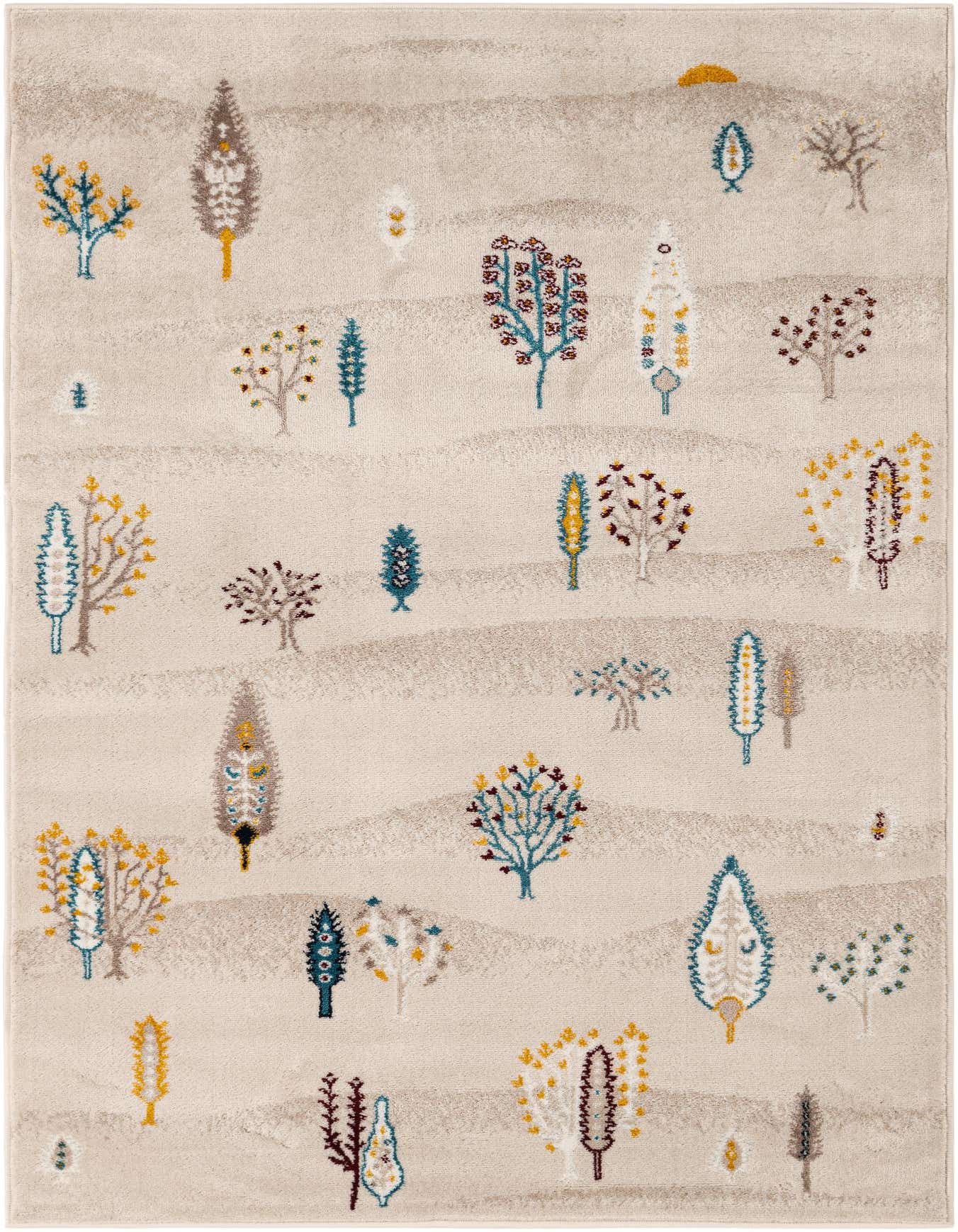 A 4x6 rectangular ivory rug featuring a playful tribal pattern of colorful trees and abstract shapes, perfect for a living room.