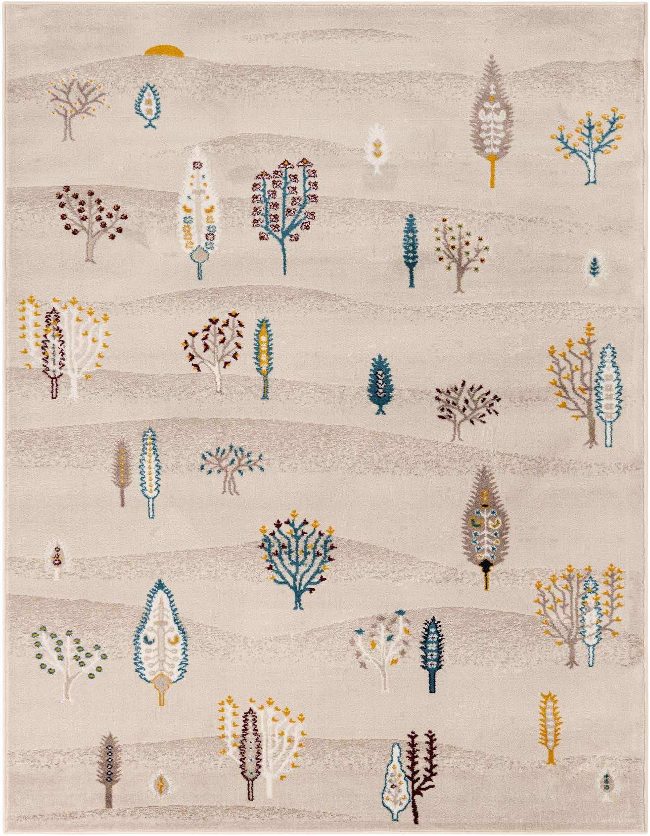 A 5x8 rectangular ivory rug with a tribal pattern of stylized trees and a sun in shades of blue, yellow, and brown.