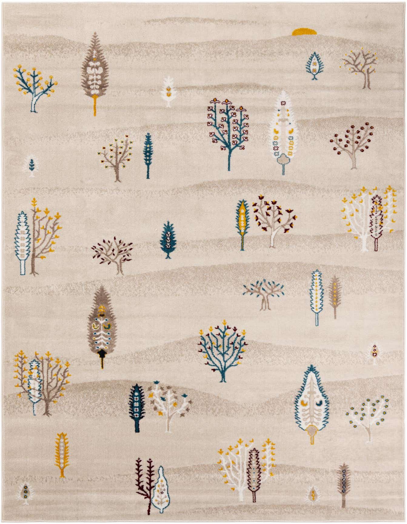 A 6x9 rectangular ivory rug with a modern tribal pattern of stylized trees and hills in muted blues, yellows, browns, and whites.