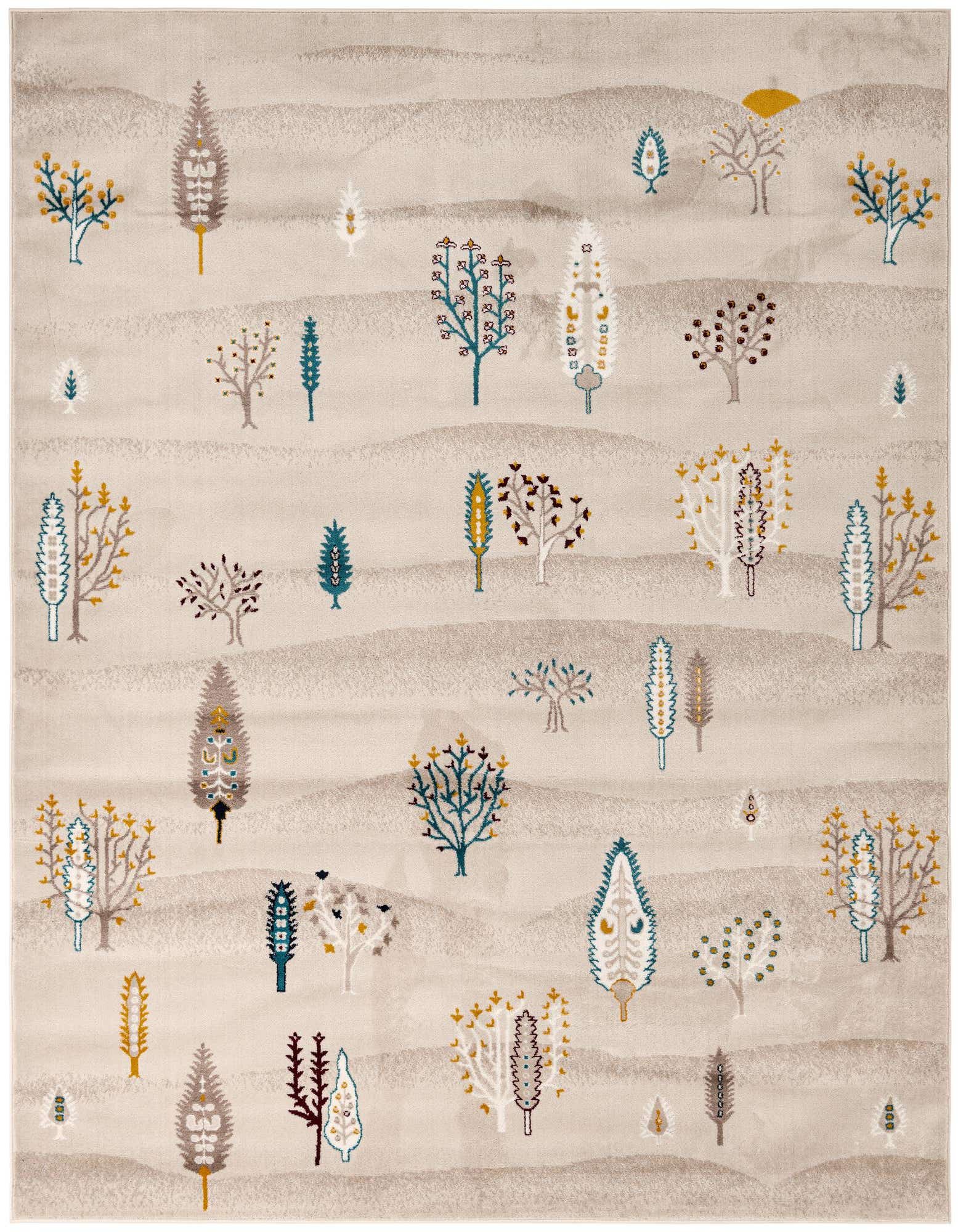An 8x10 rectangular ivory rug with a tribal pattern of stylized trees in teal, brown, and gold.