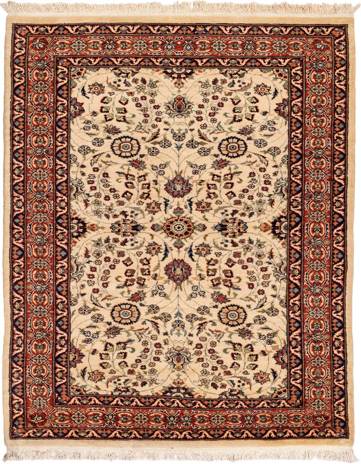 A 4x6 rectangular Lahour rug with an ivory field and a traditional floral pattern in red, blue, and green.