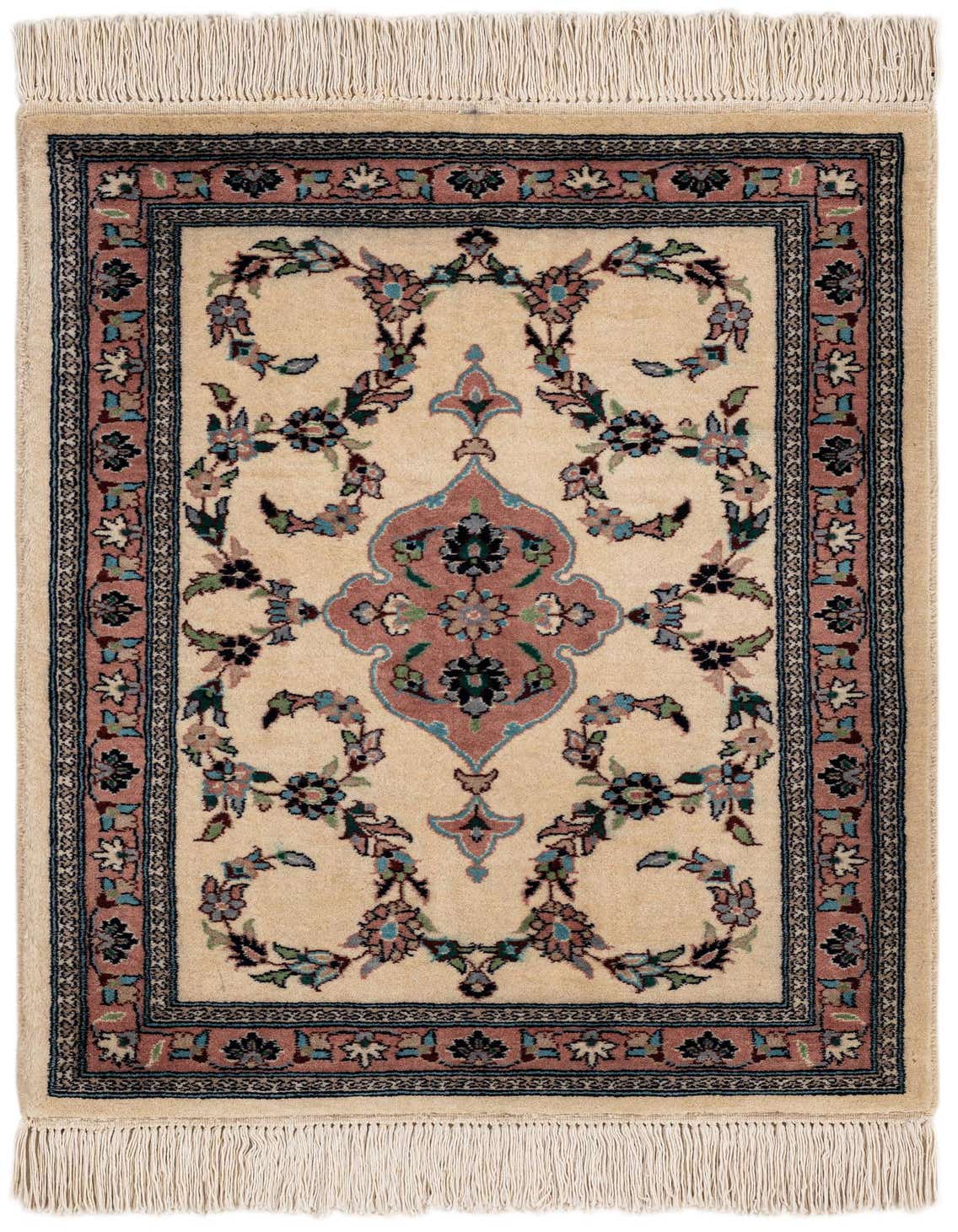 A 2x3 rectangular Lahour rug with an ivory field, traditional floral pattern in pink, blue, and green, and fringe.