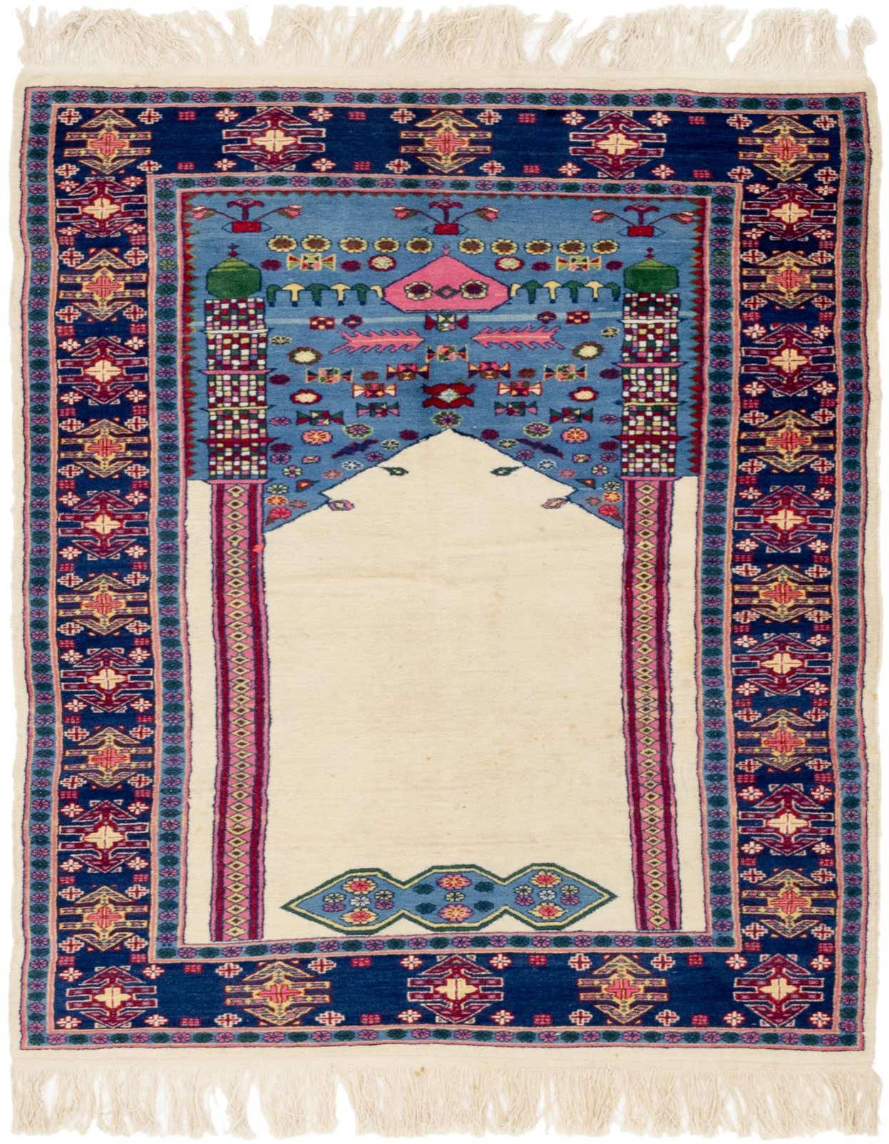 A 4x6 rectangular Lahour wool rug featuring a cream field with a blue and multi-color traditional tribal pattern, ideal for a living room.